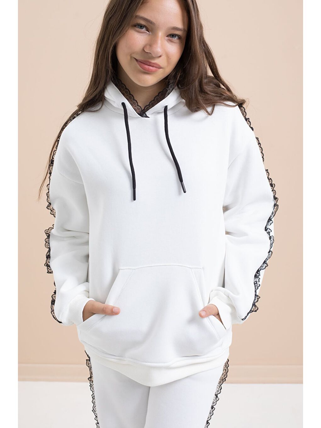 Beyaz Kız Çocuk Şardonlu Dantel Detaylı 3 İplik Takım 21504-2