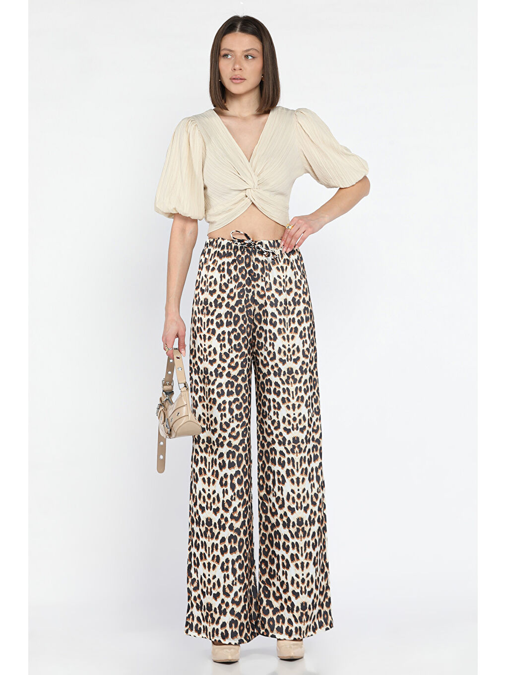 Ekru Kadın Bel Lastikli Yüksek Bel Leopar Desenli Bol Kesim Pantolon-1
