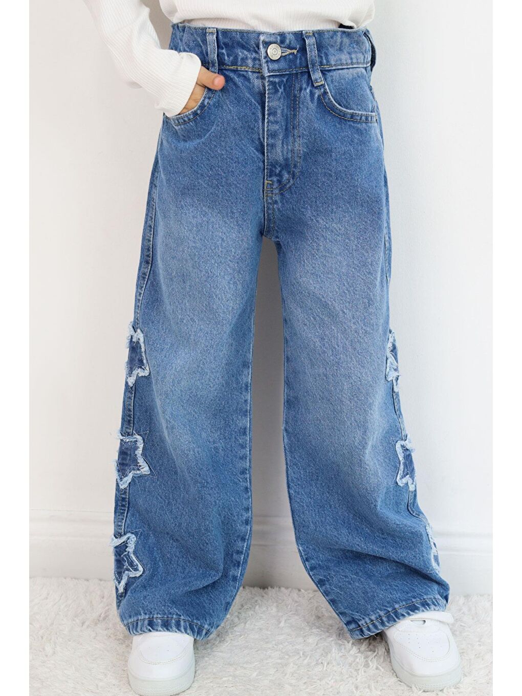 Yeşil Kız Çocuk Jean Pantolon Yıldız Nakışlı Mavi (5-7 Yaş)