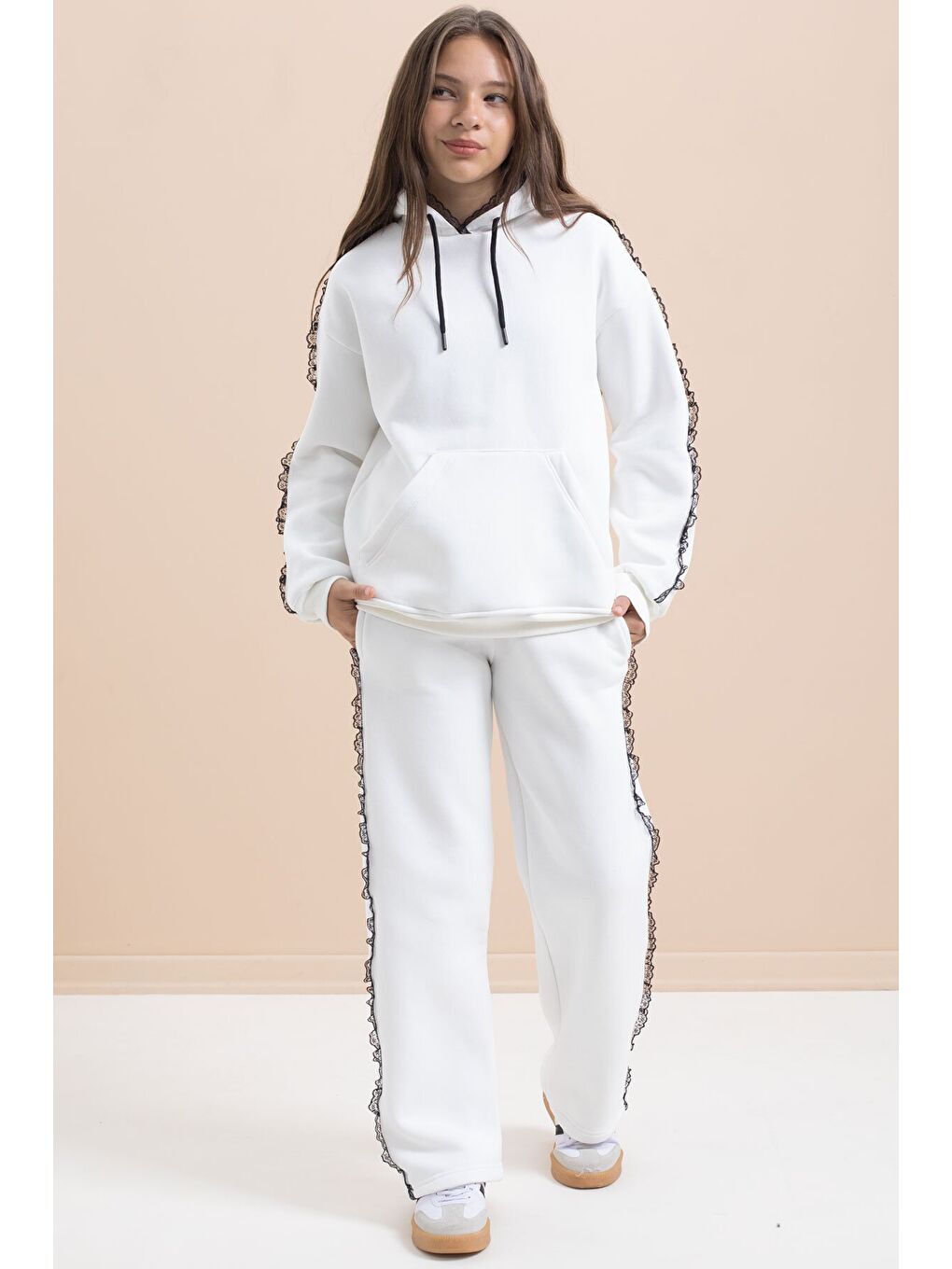 Beyaz Kız Çocuk Şardonlu Dantel Detaylı 3 İplik Takım 21504-3