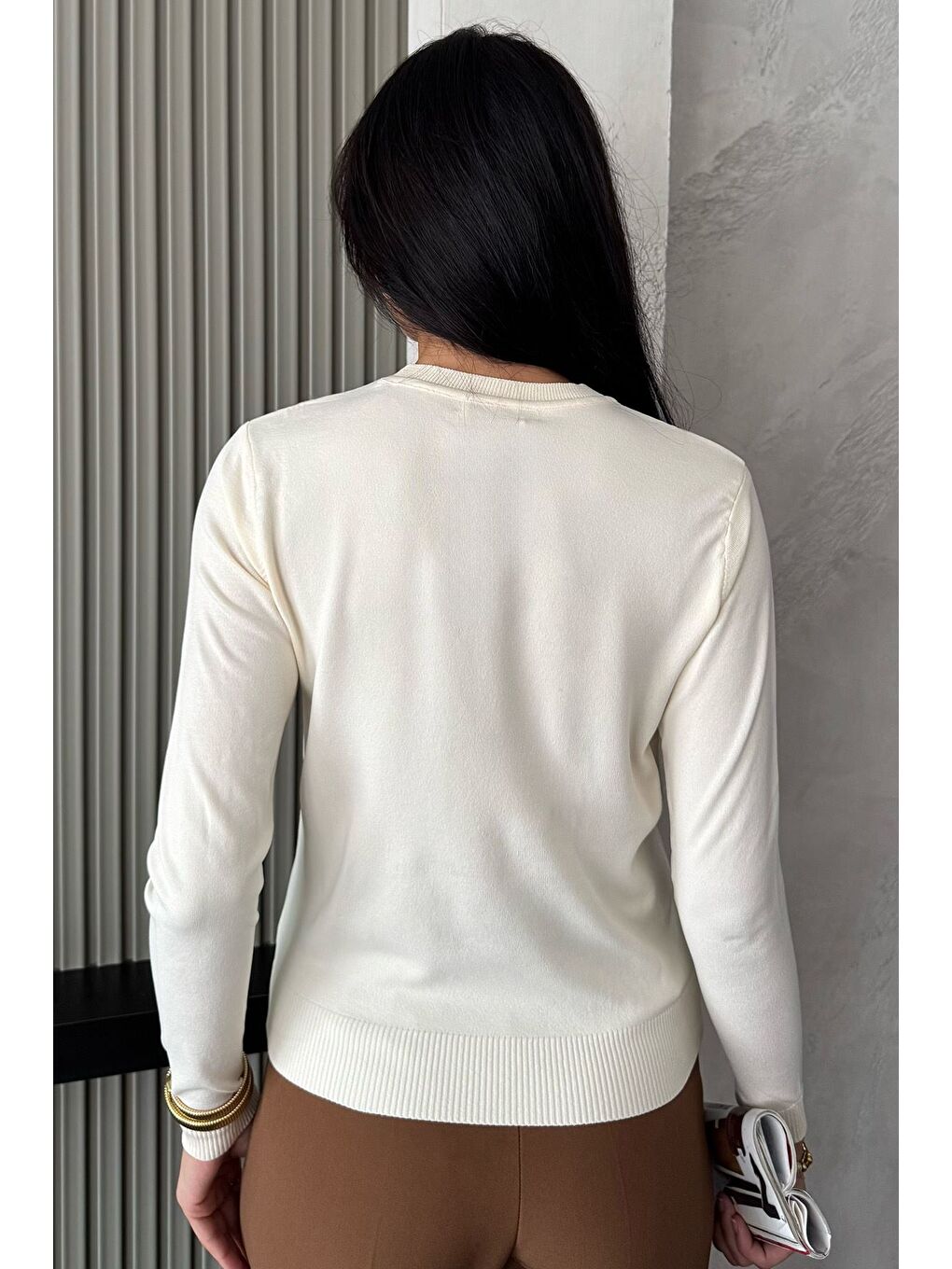 Ekru Kadın Bisiklet Yaka Çiçek Figürlü Triko Bluz-3