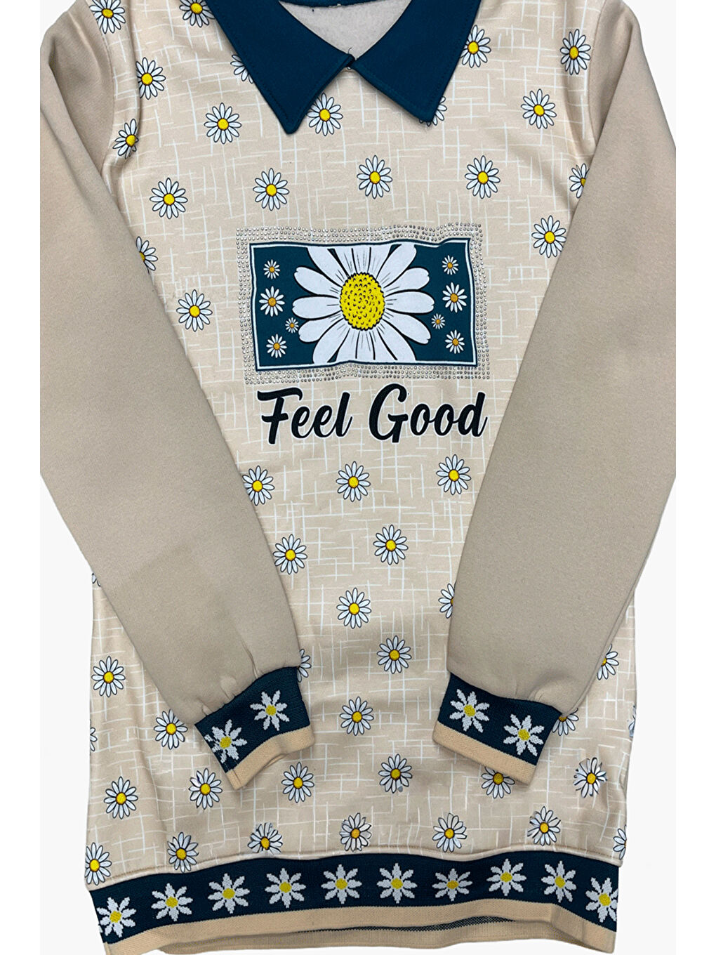 Petrol Kız Çocuk Papatya Baskılı Taş Süslemeli 3 İplik Alt Üst Takım 12324-3