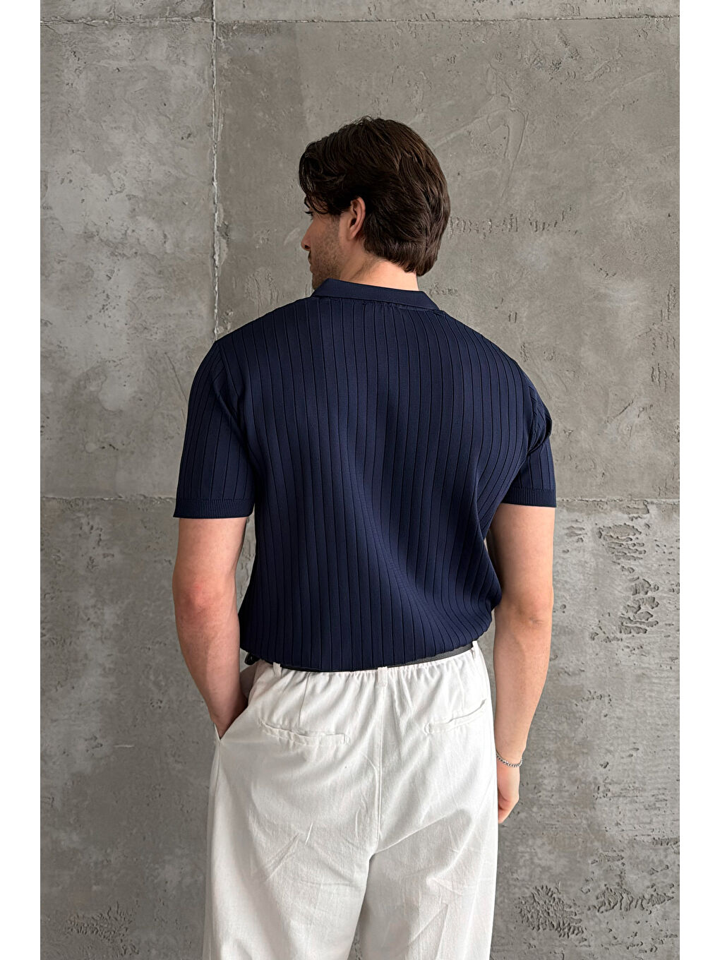 Lacivert Erkek Oversize Fitilli Polo Yaka İnce Triko Tişört-4