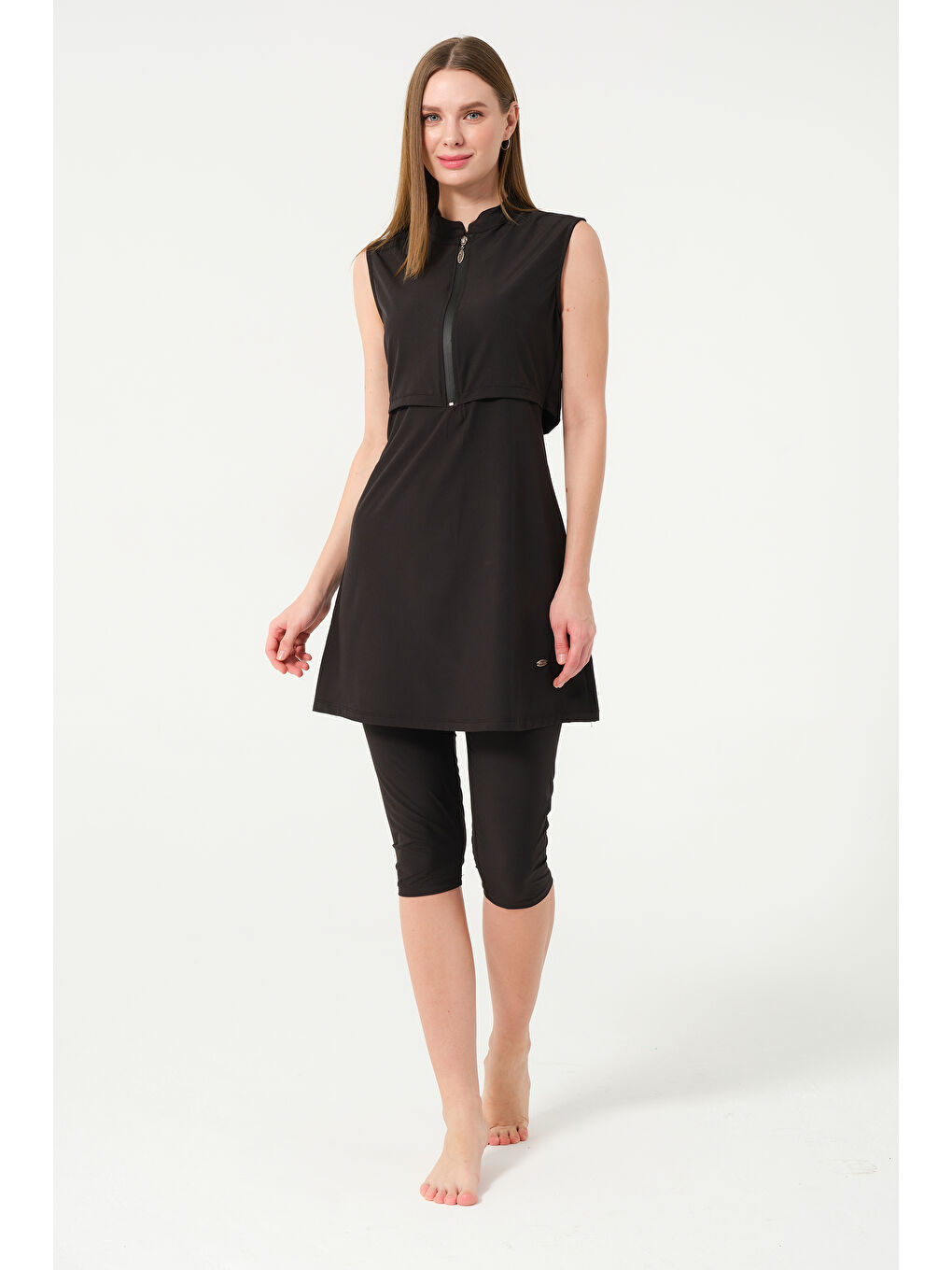 Siyah Kadın Fermuarlı Kapalı Dik Yaka Sıfır Kol Kaprili Hızlı Kuruyan Mayo-2