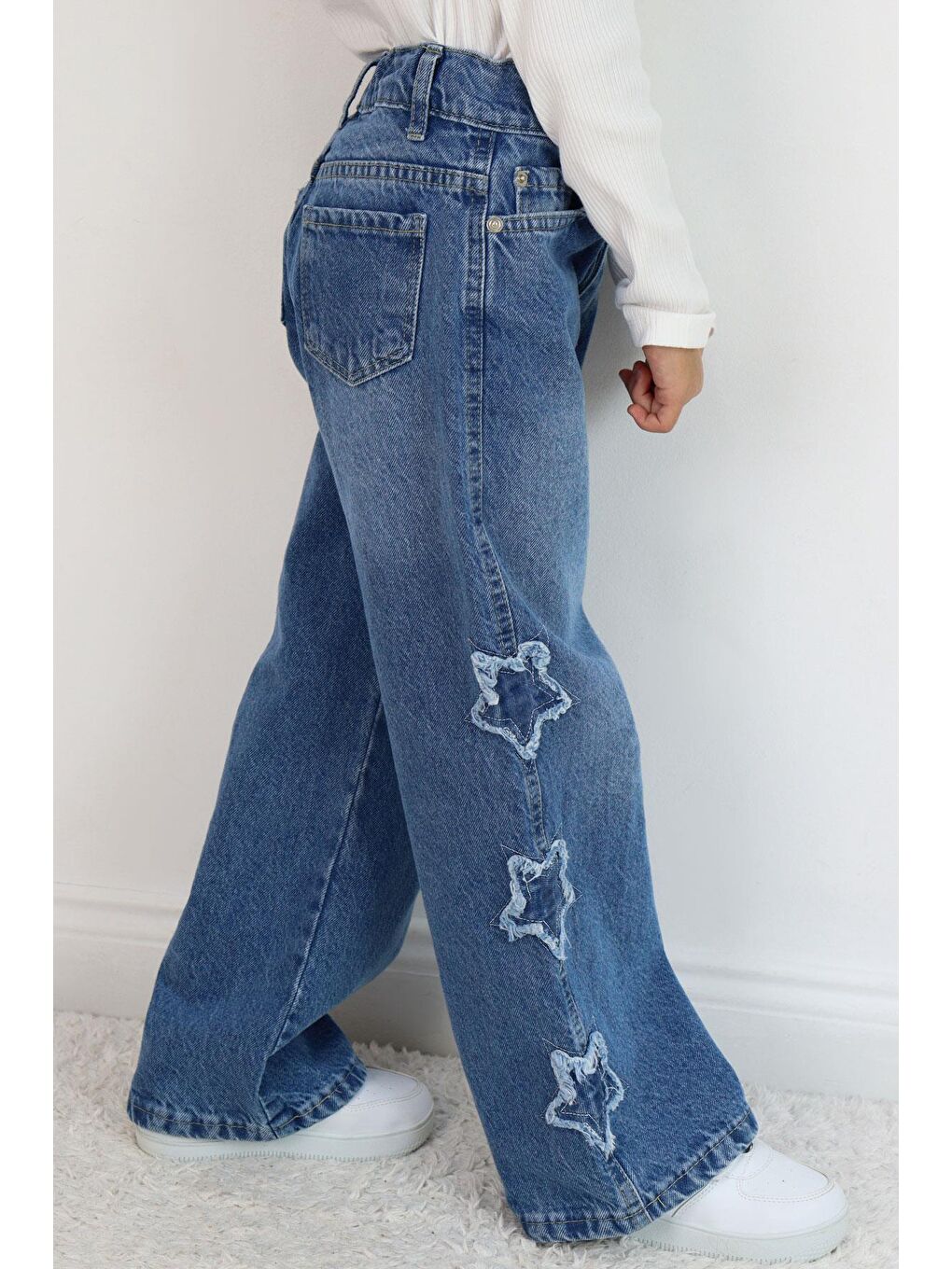 Yeşil Kız Çocuk Jean Pantolon Yıldız Nakışlı Mavi (5-7 Yaş)-1