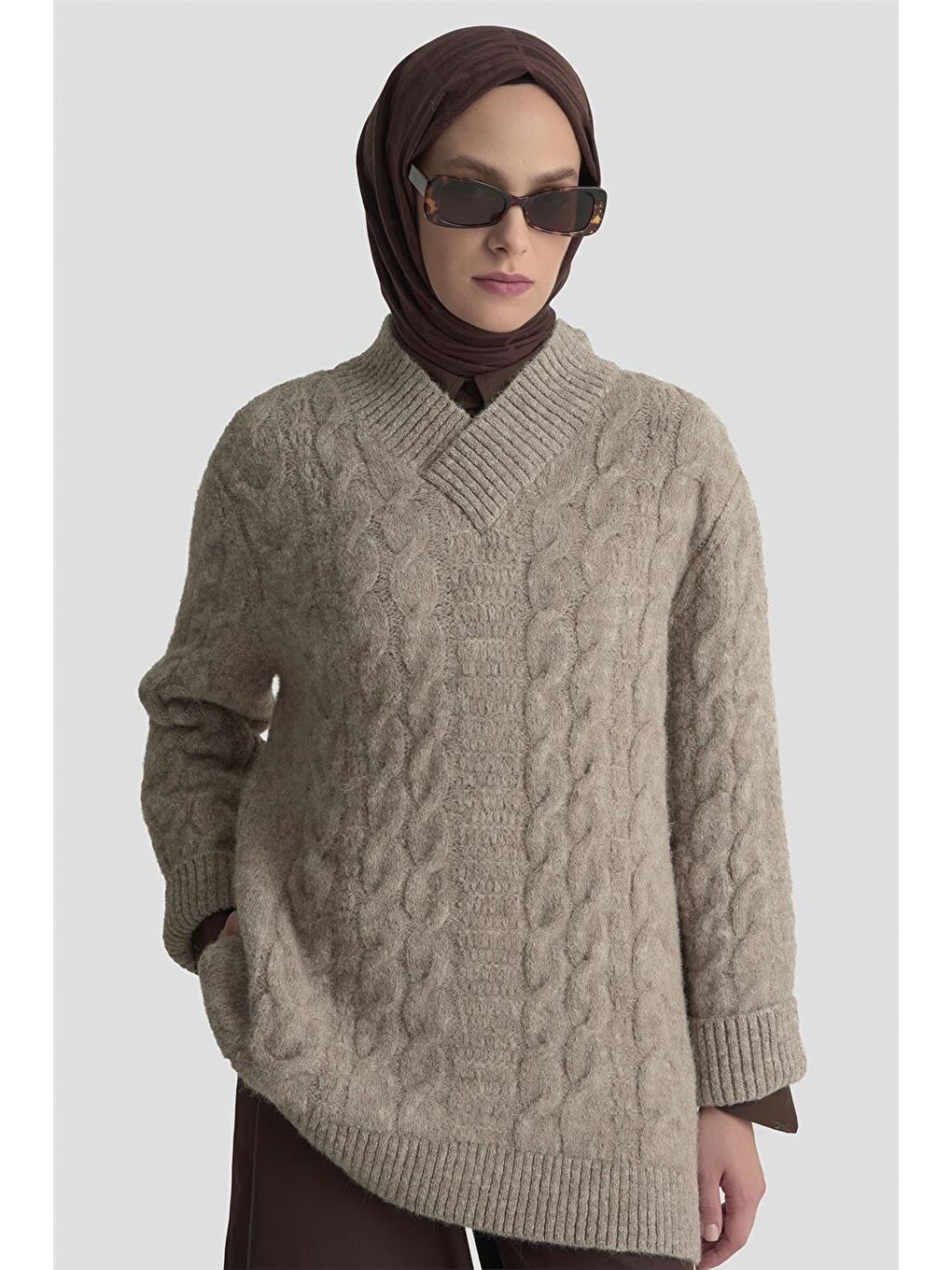 Saç Örgü Desenli Kazak 25Kd6002 Ekru