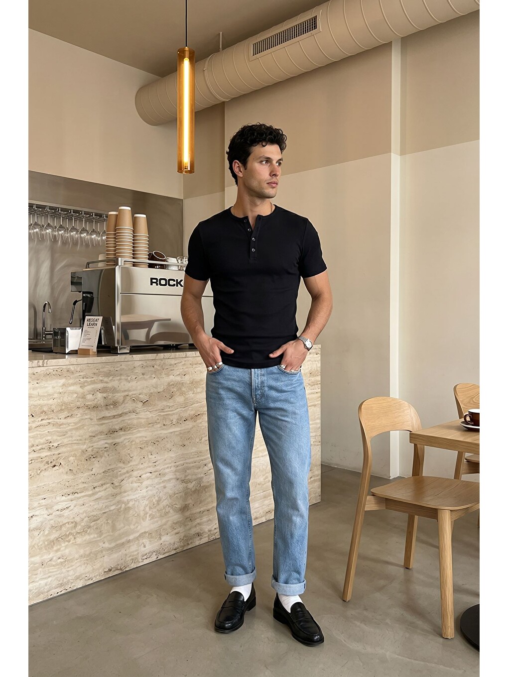 Siyah Liiri %100 Pamuk Premium Fitilli Yarım Düğmeli Erkek Tişört Regular Fit Basic Yazlık Tişört-5