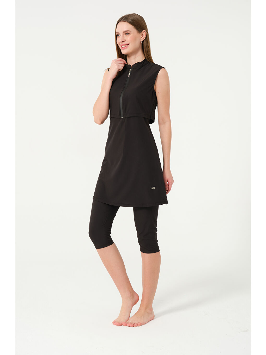 Siyah Kadın Fermuarlı Kapalı Dik Yaka Sıfır Kol Kaprili Hızlı Kuruyan Mayo-3