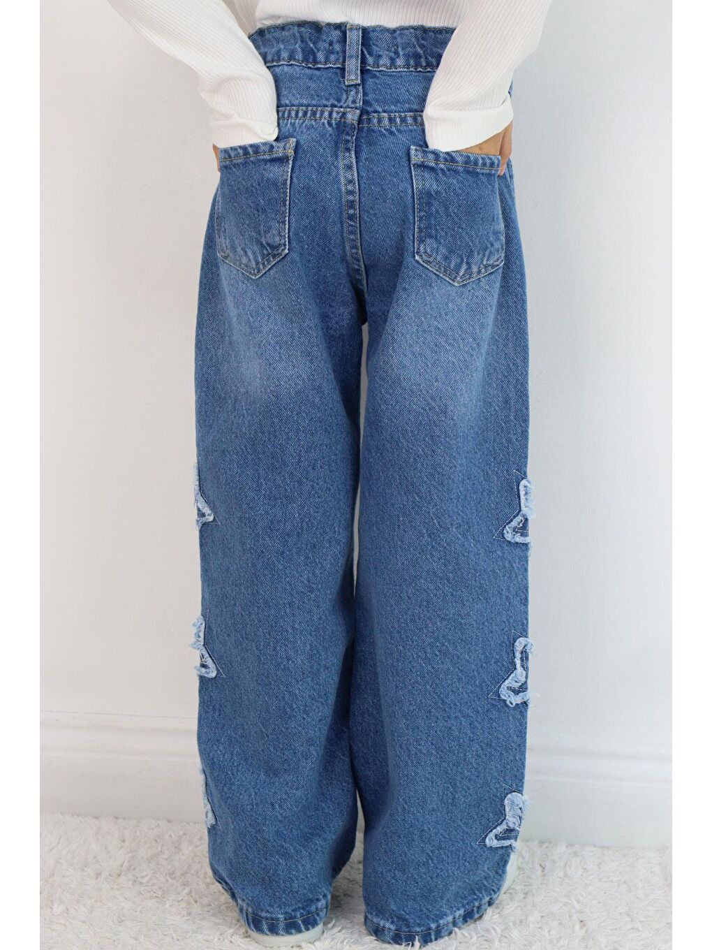 Yeşil Kız Çocuk Jean Pantolon Yıldız Nakışlı Mavi (5-7 Yaş)-2