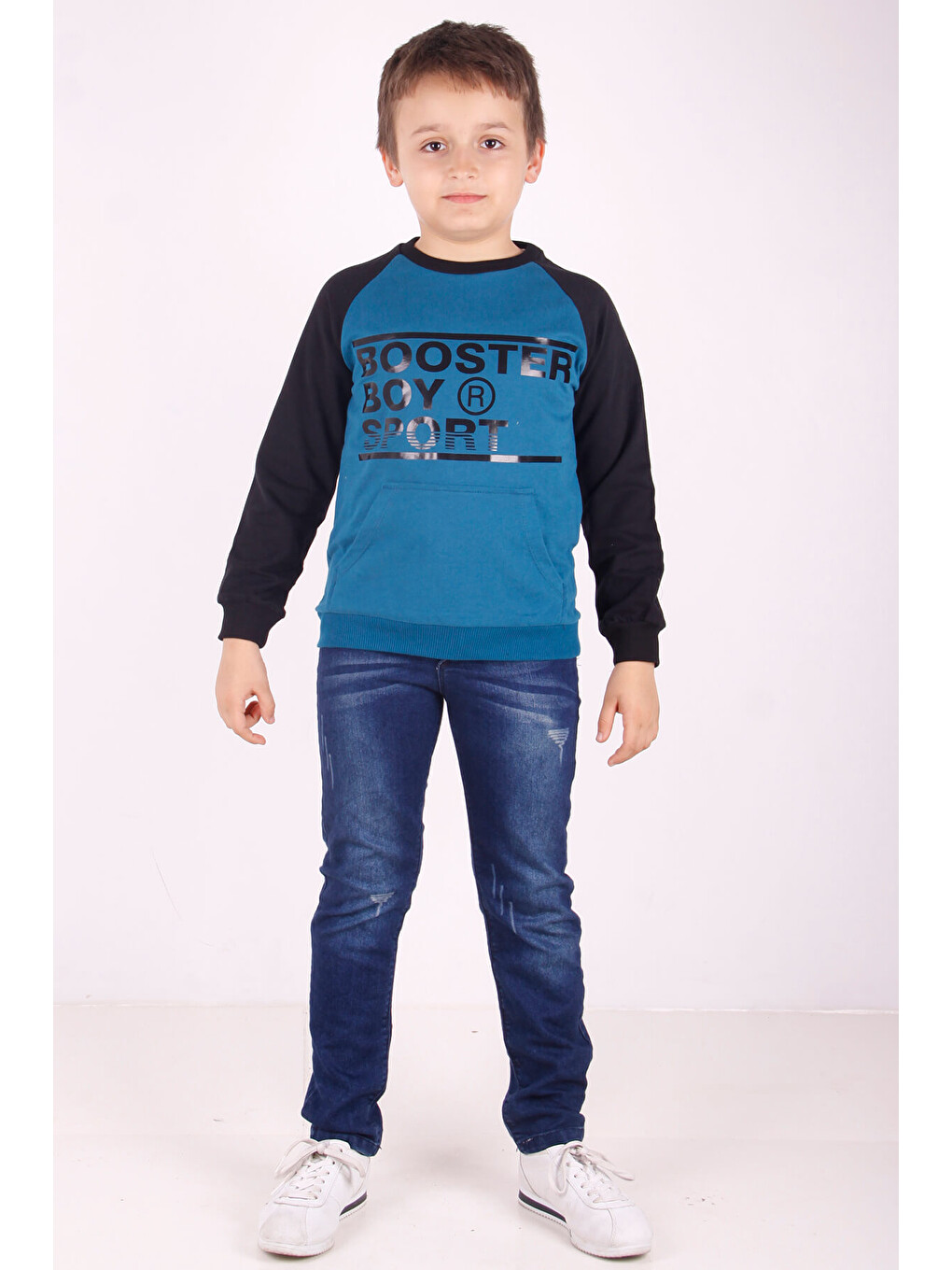Petrol Erkek Çocuk Reglan Kol Detaylı Cepli Sweatshirt
