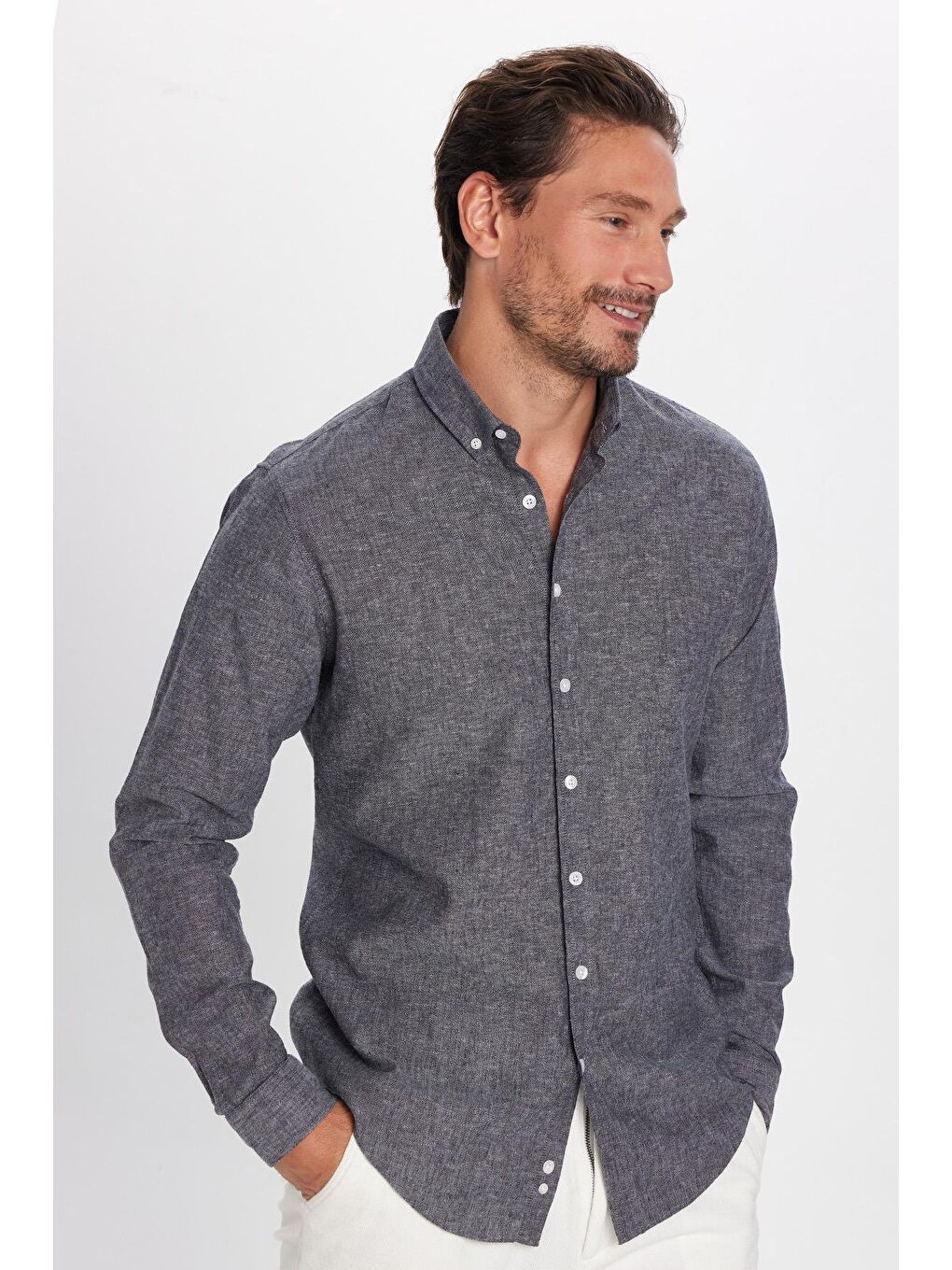 Erkek Slim Fit Dar Kesim Uzun Kollu Keten Premium Seri Düğmeli Yaka Spor Antrasit Gömlek