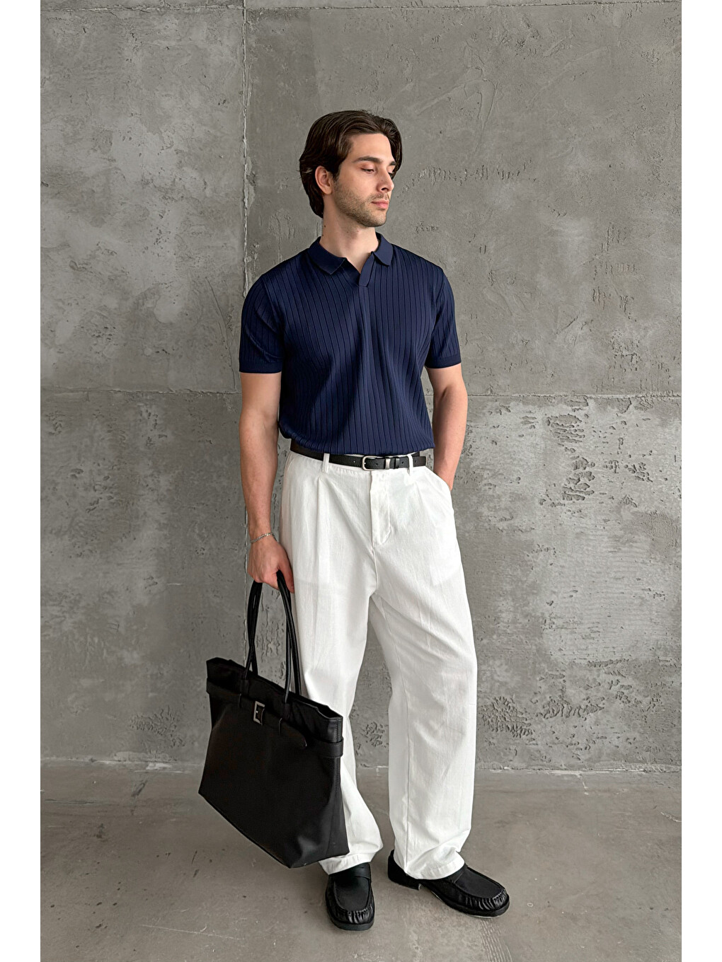 Lacivert Erkek Oversize Fitilli Polo Yaka İnce Triko Tişört-5