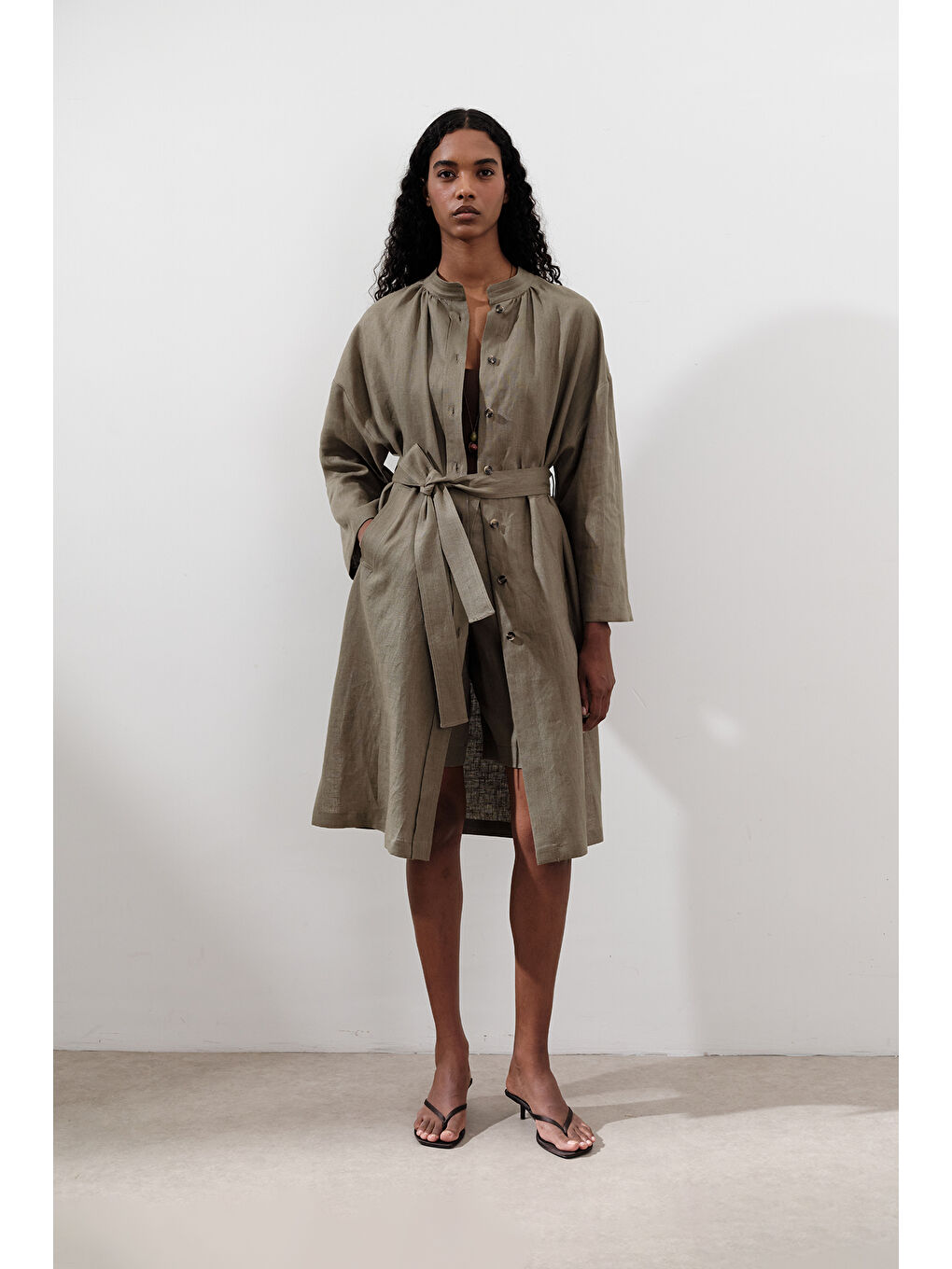 Keten Kemerli Uzun Tunik Haki-1