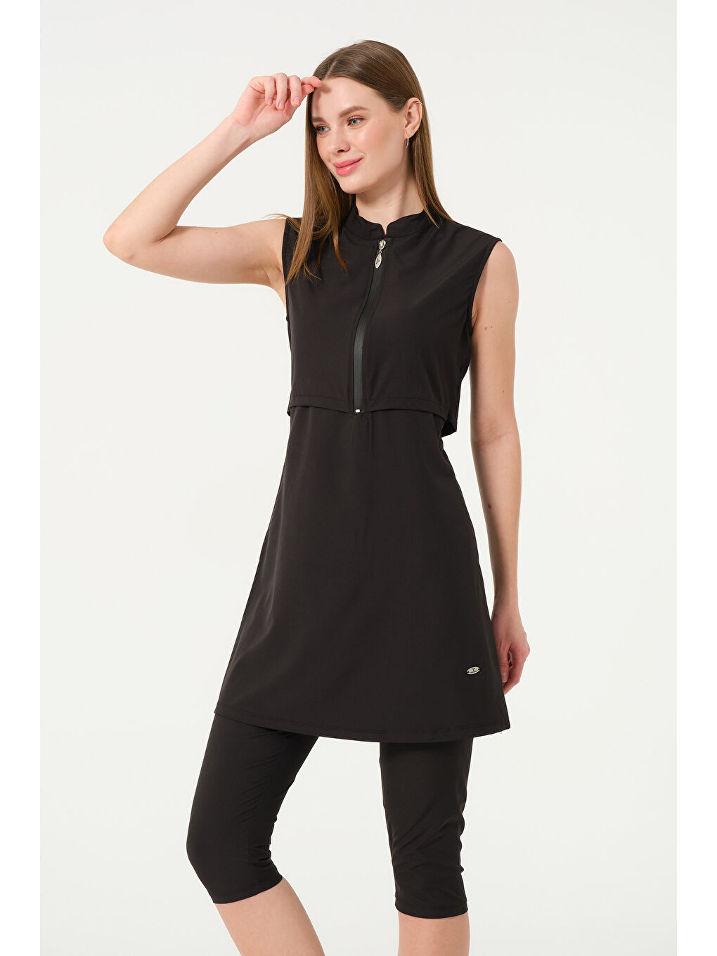 Siyah Kadın Fermuarlı Kapalı Dik Yaka Sıfır Kol Kaprili Hızlı Kuruyan Mayo-5