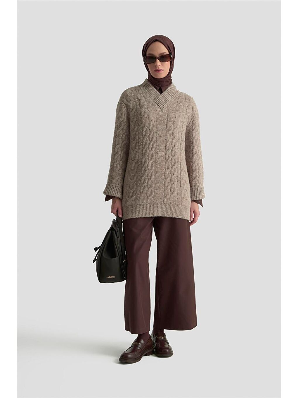 Saç Örgü Desenli Kazak 25Kd6002 Ekru-1