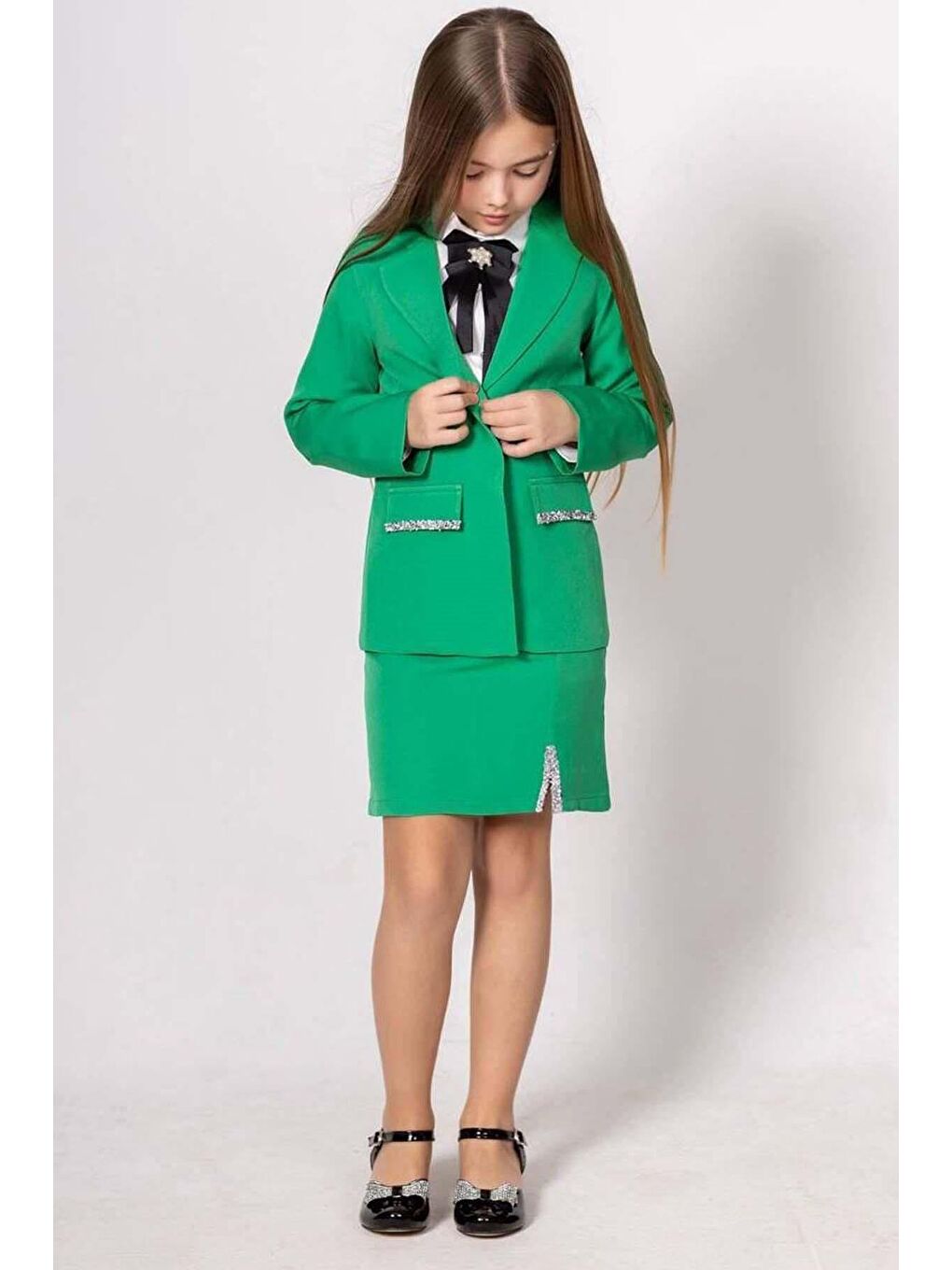 Kız Çocuk Kristal Taş Şerit Detaylı Blazer Ceket Yırtmaç Detaylı Yeşil Etekli Takım-1