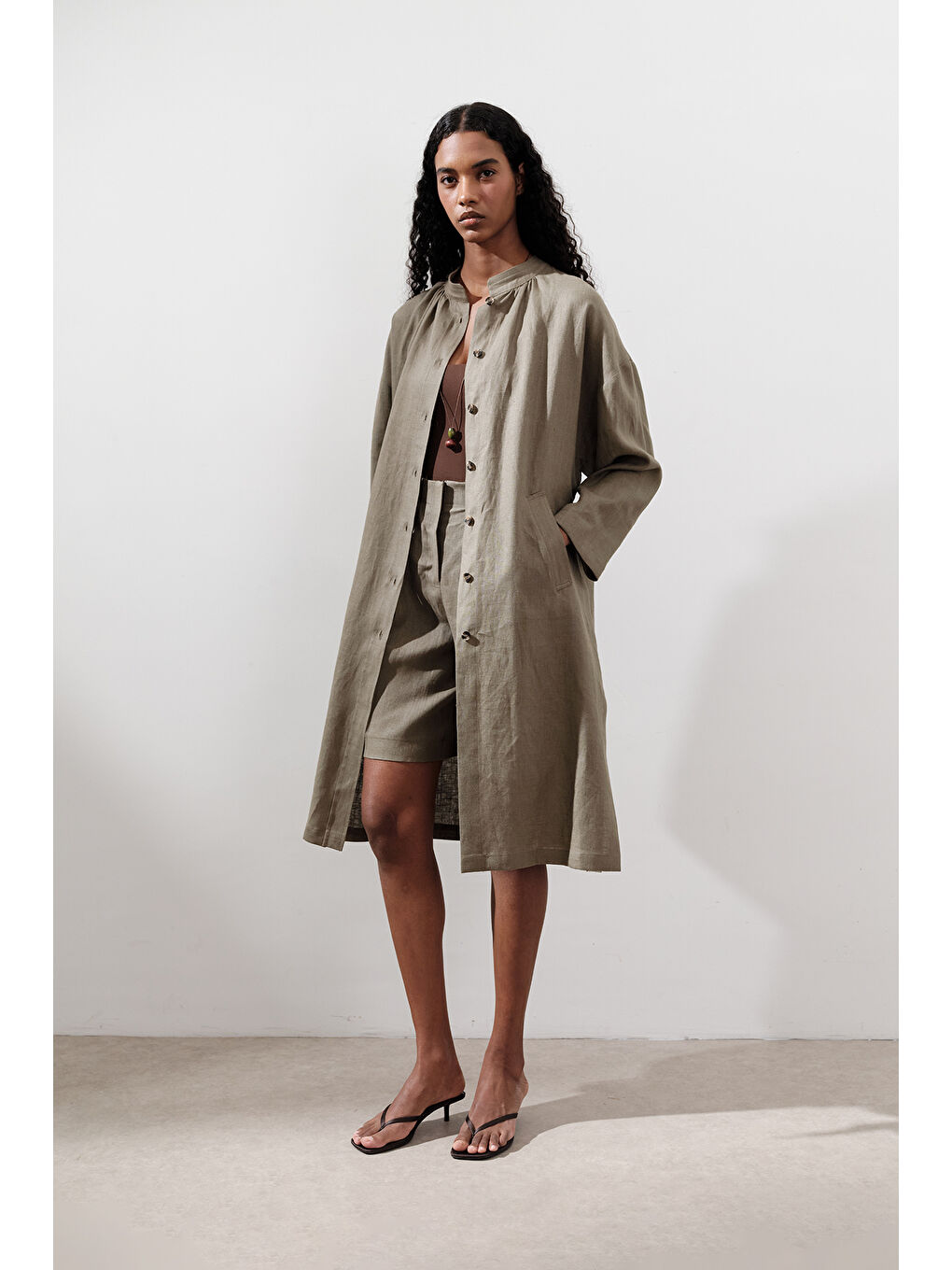 Keten Kemerli Uzun Tunik Haki-2
