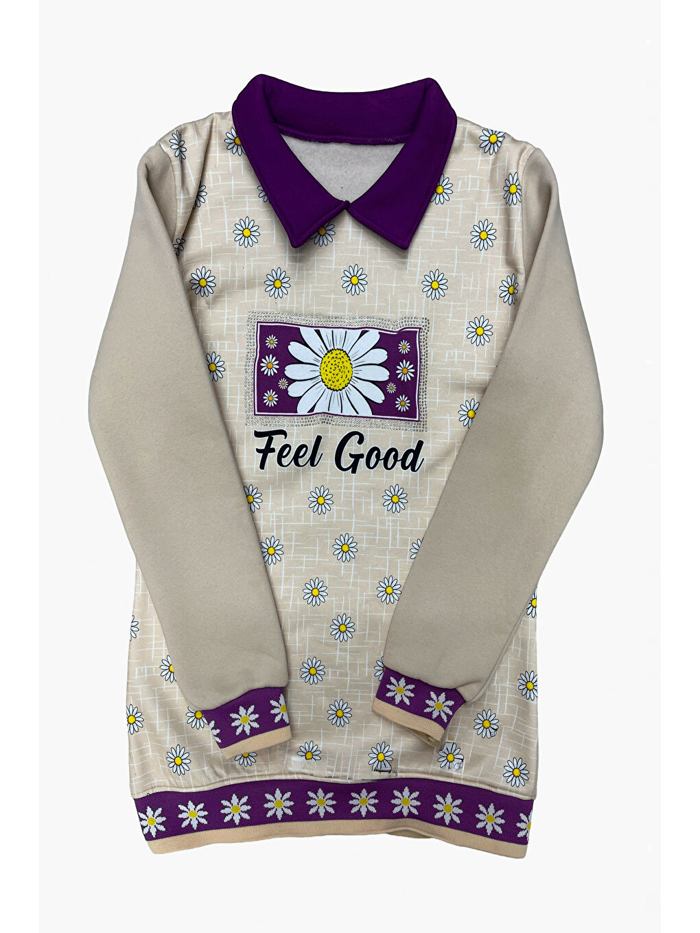 Lila Kız Çocuk Papatya Baskılı Taş Süslemeli 3 İplik Alt Üst Takım 12324-1