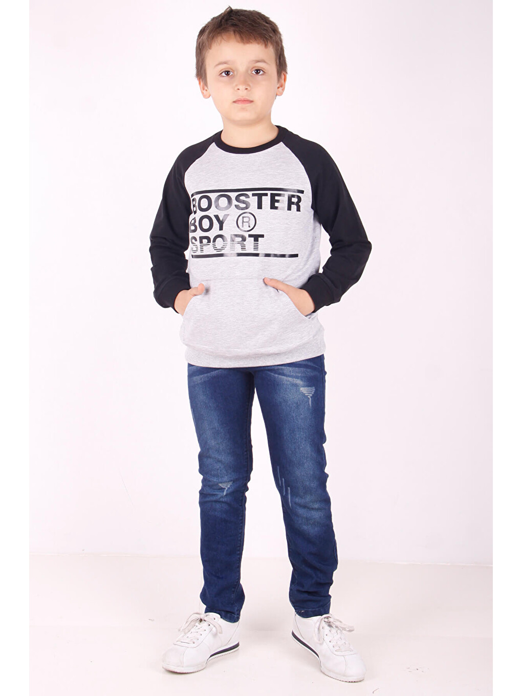 Gri Erkek Çocuk Reglan Kol Detaylı Cepli Sweatshirt