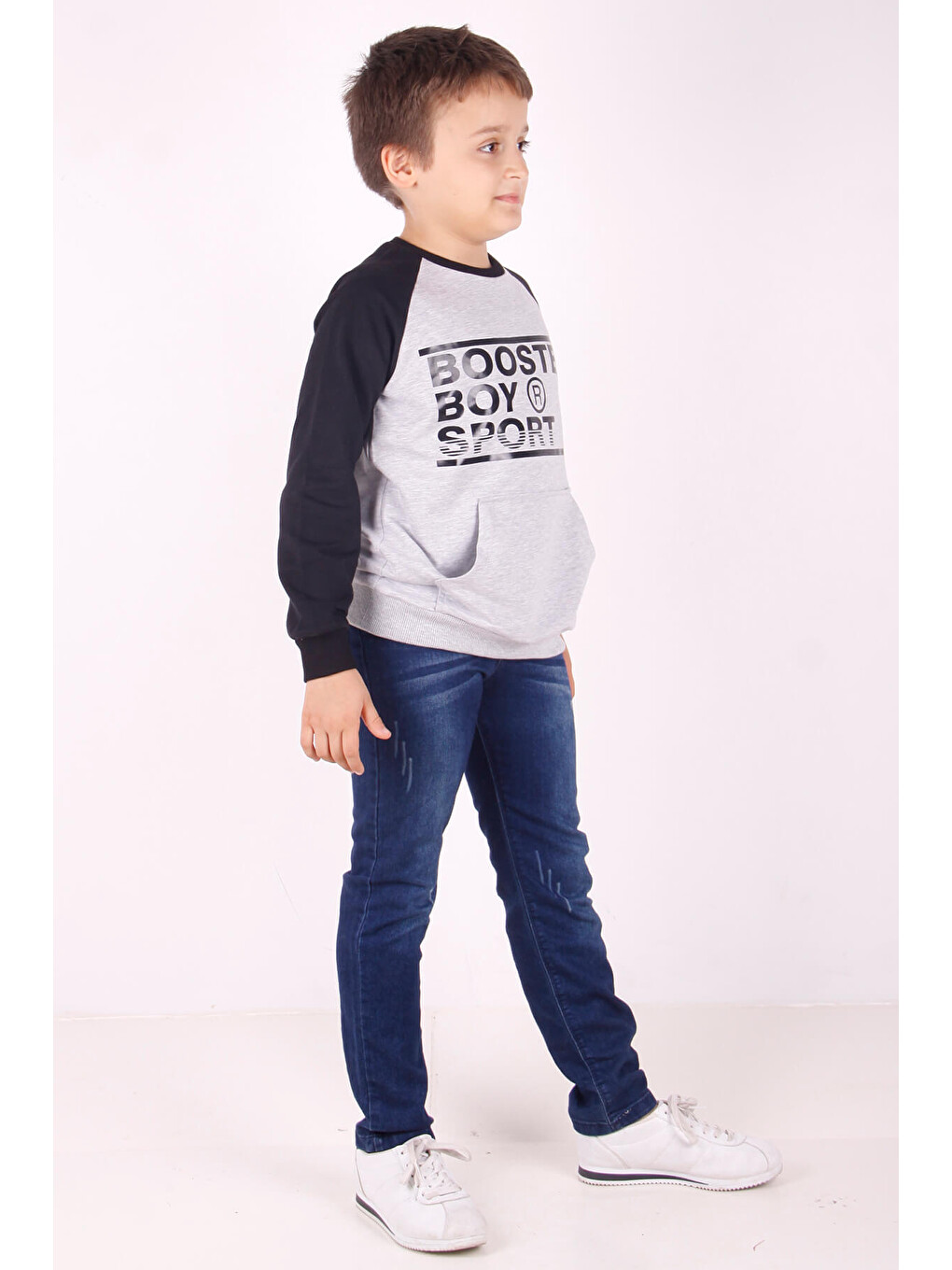 Gri Erkek Çocuk Reglan Kol Detaylı Cepli Sweatshirt-1