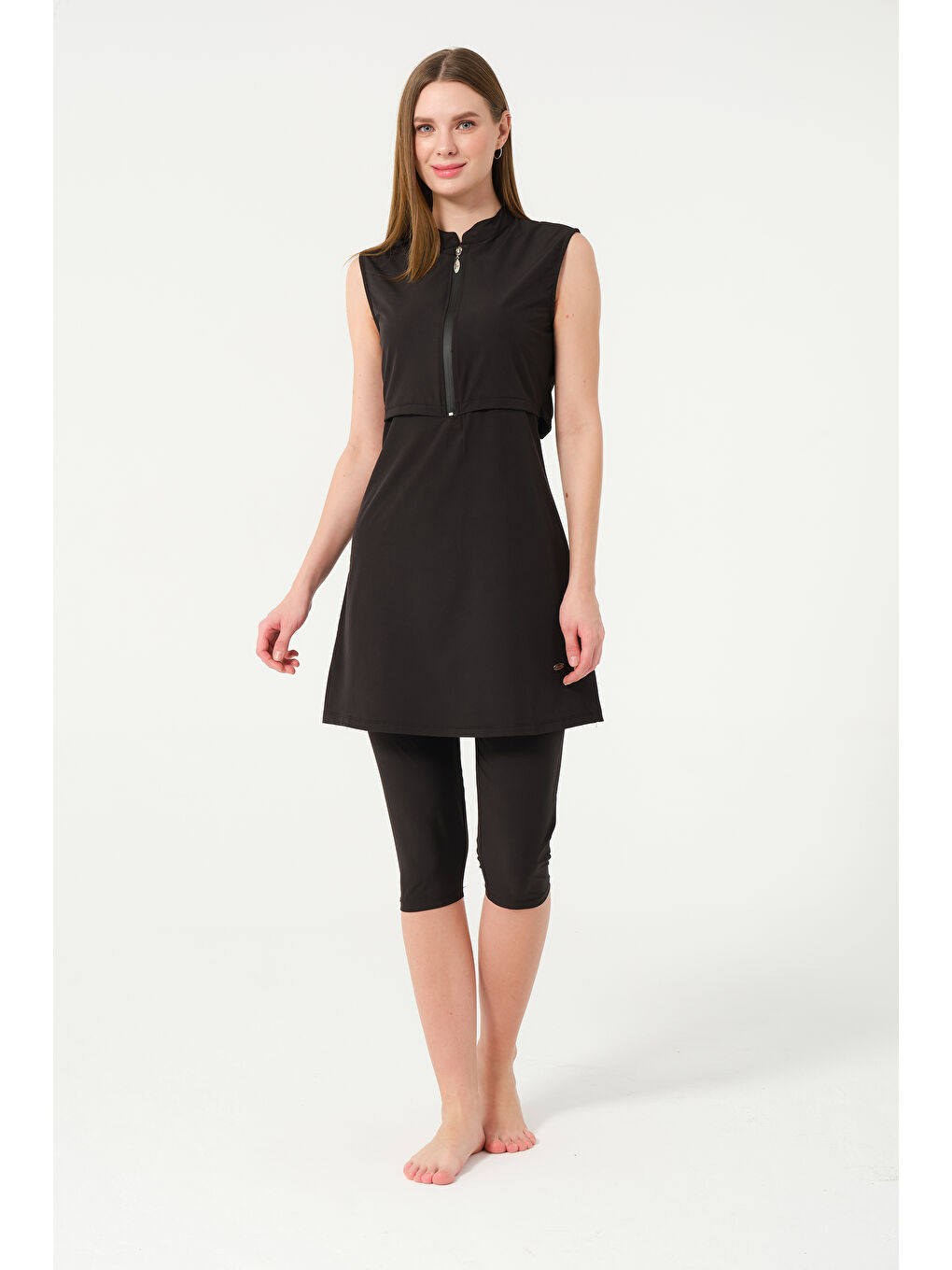 Siyah Kadın Fermuarlı Kapalı Dik Yaka Sıfır Kol Kaprili Hızlı Kuruyan Mayo-6