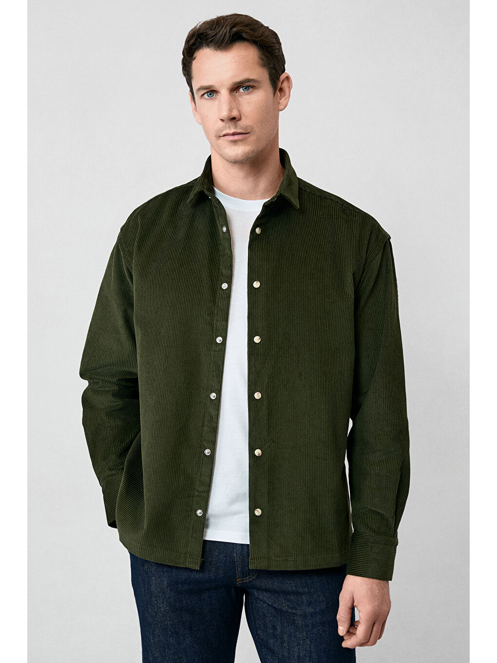 Haki Uzun Kol Oversize Ekstra Rahat Kesim Pamuk Spor Kadife Gömlek-1