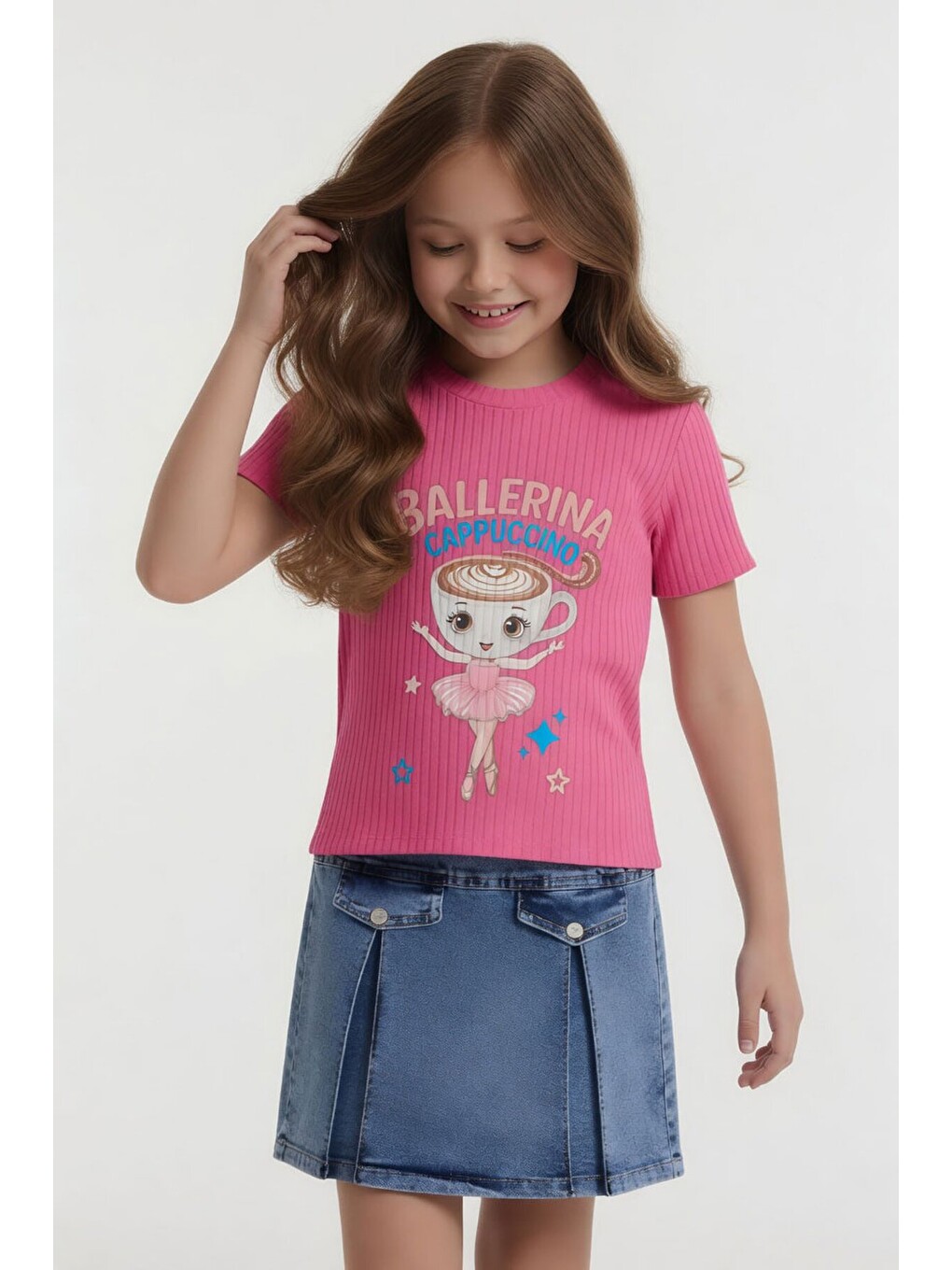 Pembe Balerin Desenli Badili Jean Etekli Kız Çocuk 2li Takım 24563-1