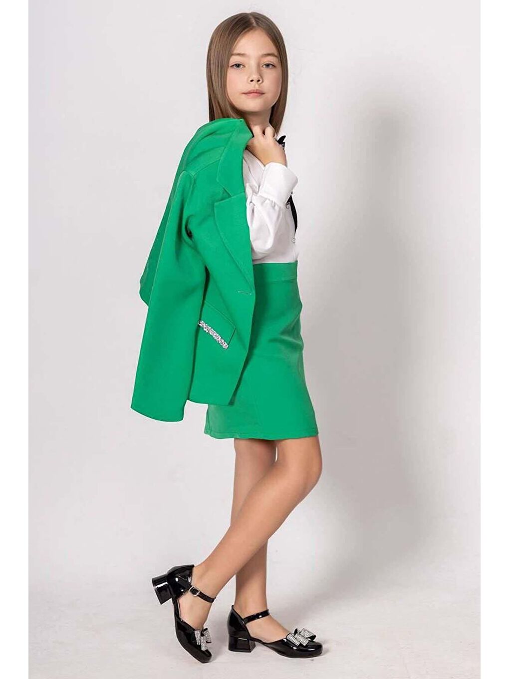 Kız Çocuk Kristal Taş Şerit Detaylı Blazer Ceket Yırtmaç Detaylı Yeşil Etekli Takım-2