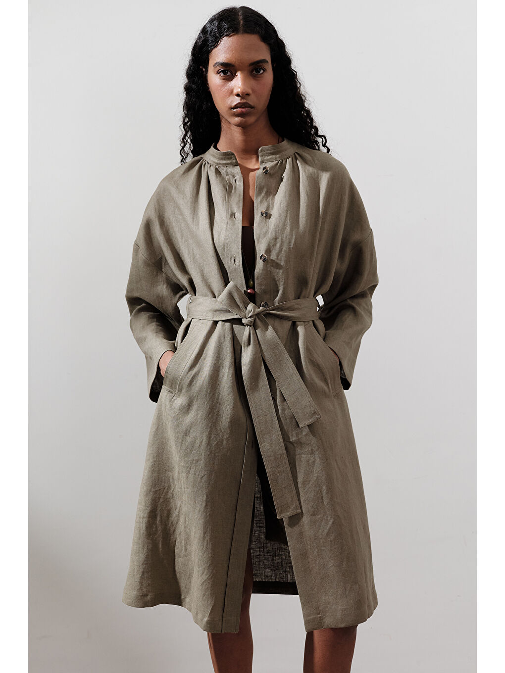 Keten Kemerli Uzun Tunik Haki-4