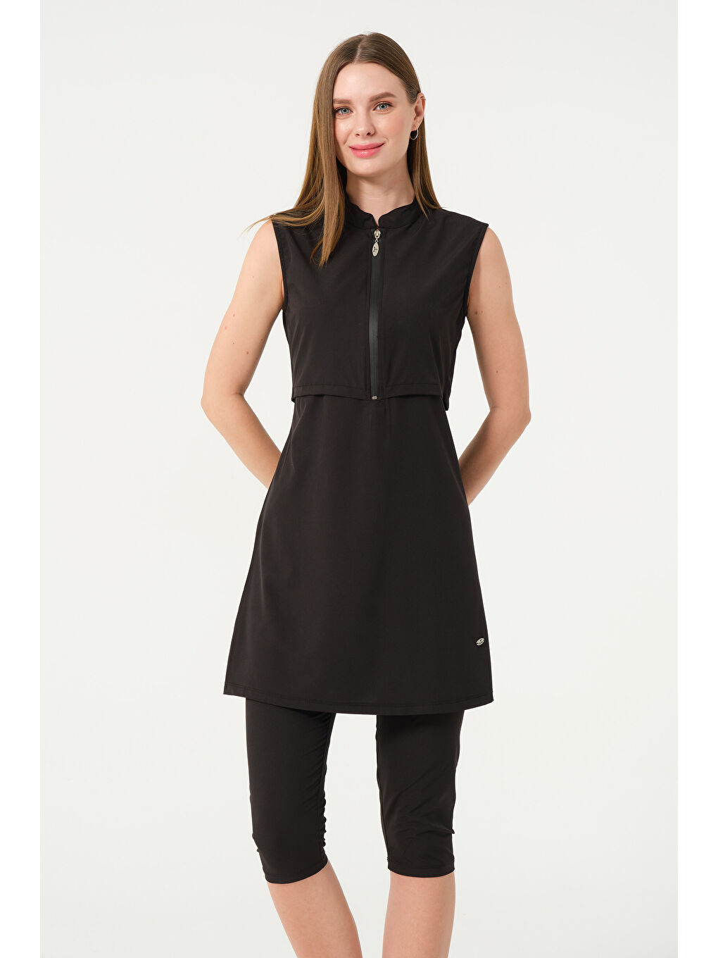 Siyah Kadın Fermuarlı Kapalı Dik Yaka Sıfır Kol Kaprili Hızlı Kuruyan Mayo-7