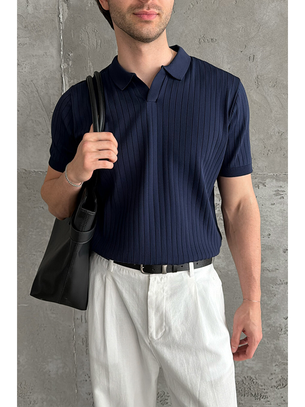 Lacivert Erkek Oversize Fitilli Polo Yaka İnce Triko Tişört-6