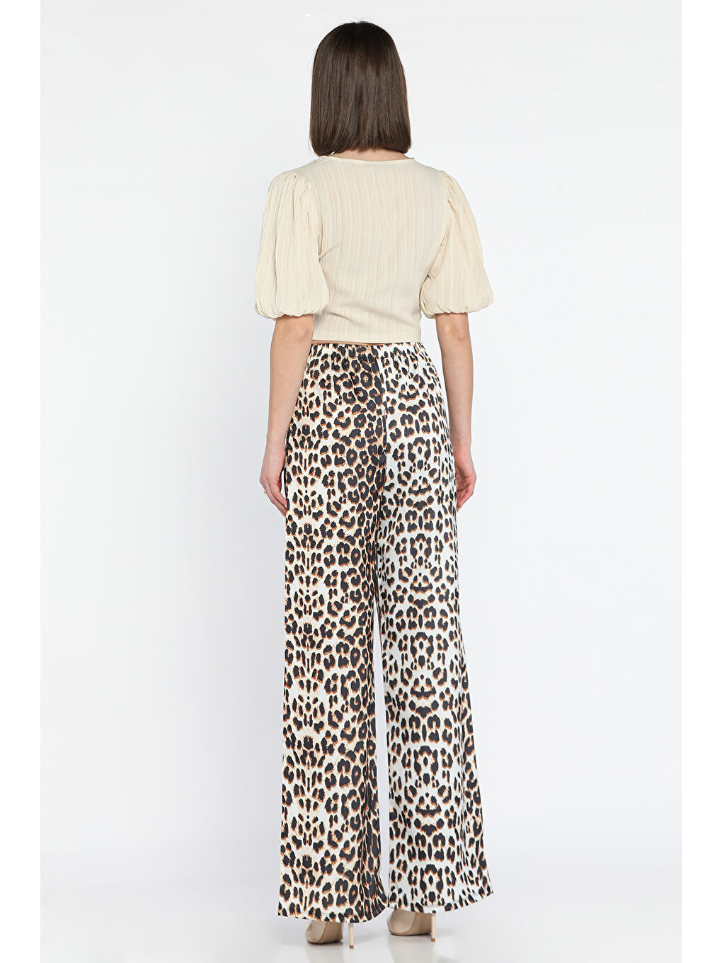 Ekru Kadın Bel Lastikli Yüksek Bel Leopar Desenli Bol Kesim Pantolon-3