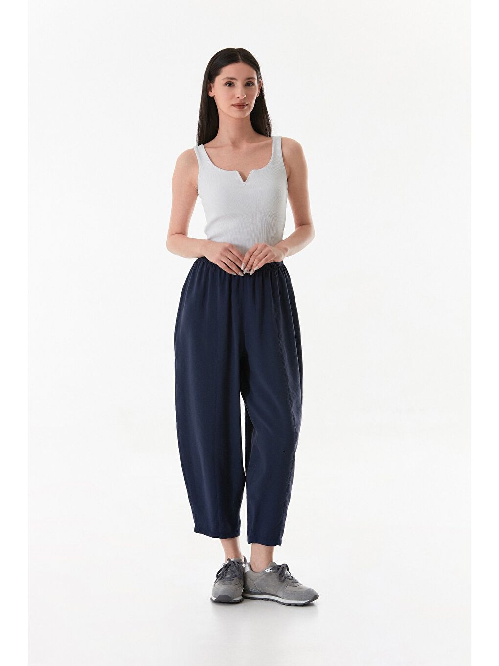 Lacivert Beli Lastikli Çimalı Ayrobin Kumaş Şalvar Pantolon