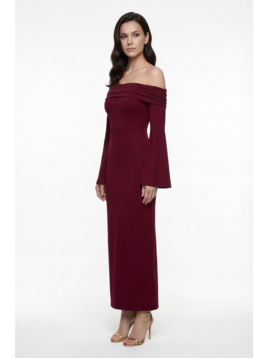 Kadın Bordo Carmen Yaka Gece Abiye Elbise-1