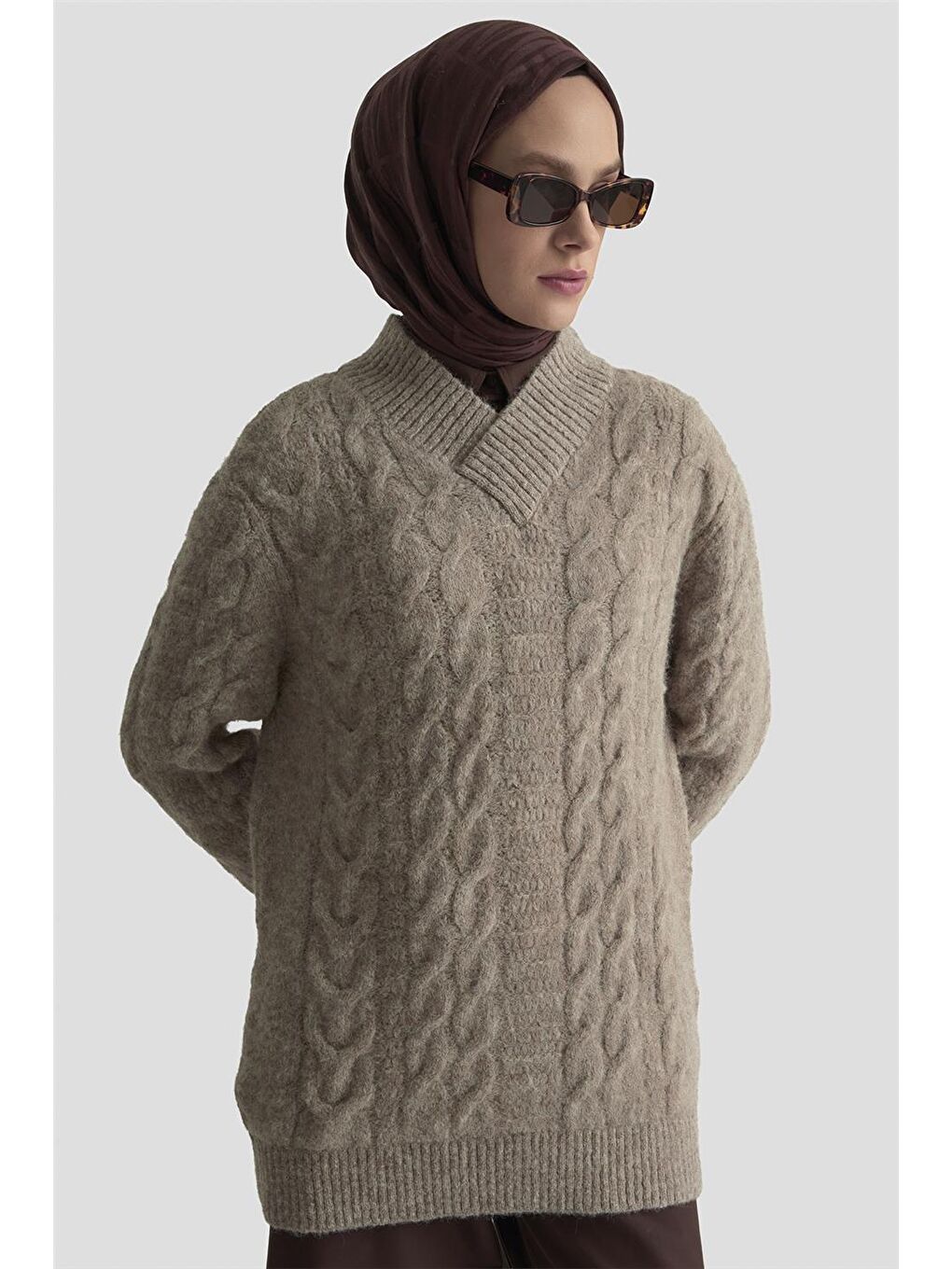 Saç Örgü Desenli Kazak 25Kd6002 Ekru-3