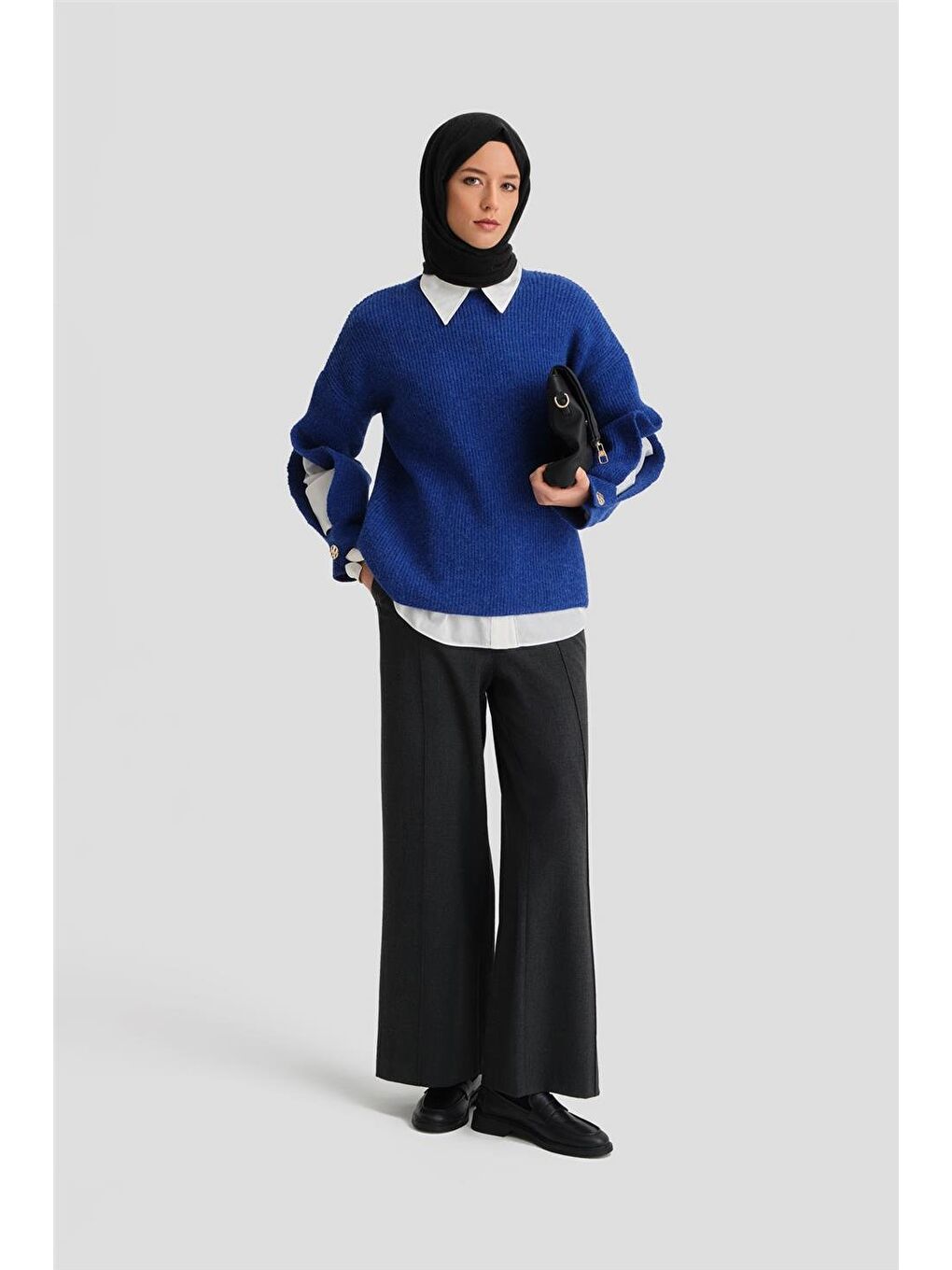 Yeşil Kolu Yırtmaç Detaylı Kazak 24Kd4201 Kobalt-4