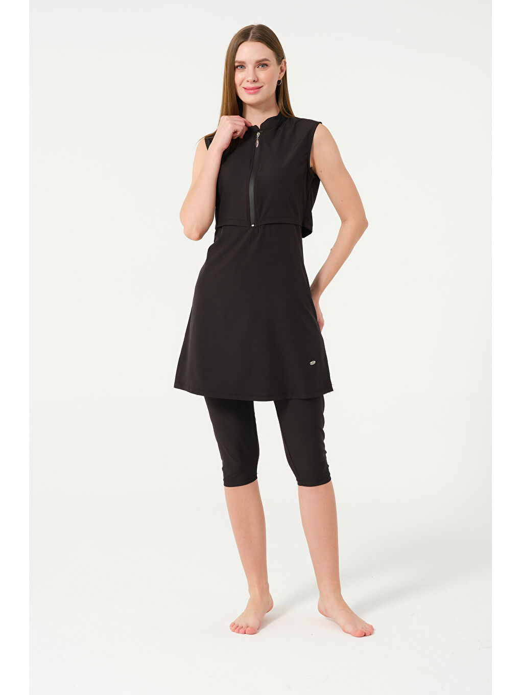 Siyah Kadın Fermuarlı Kapalı Dik Yaka Sıfır Kol Kaprili Hızlı Kuruyan Mayo-8