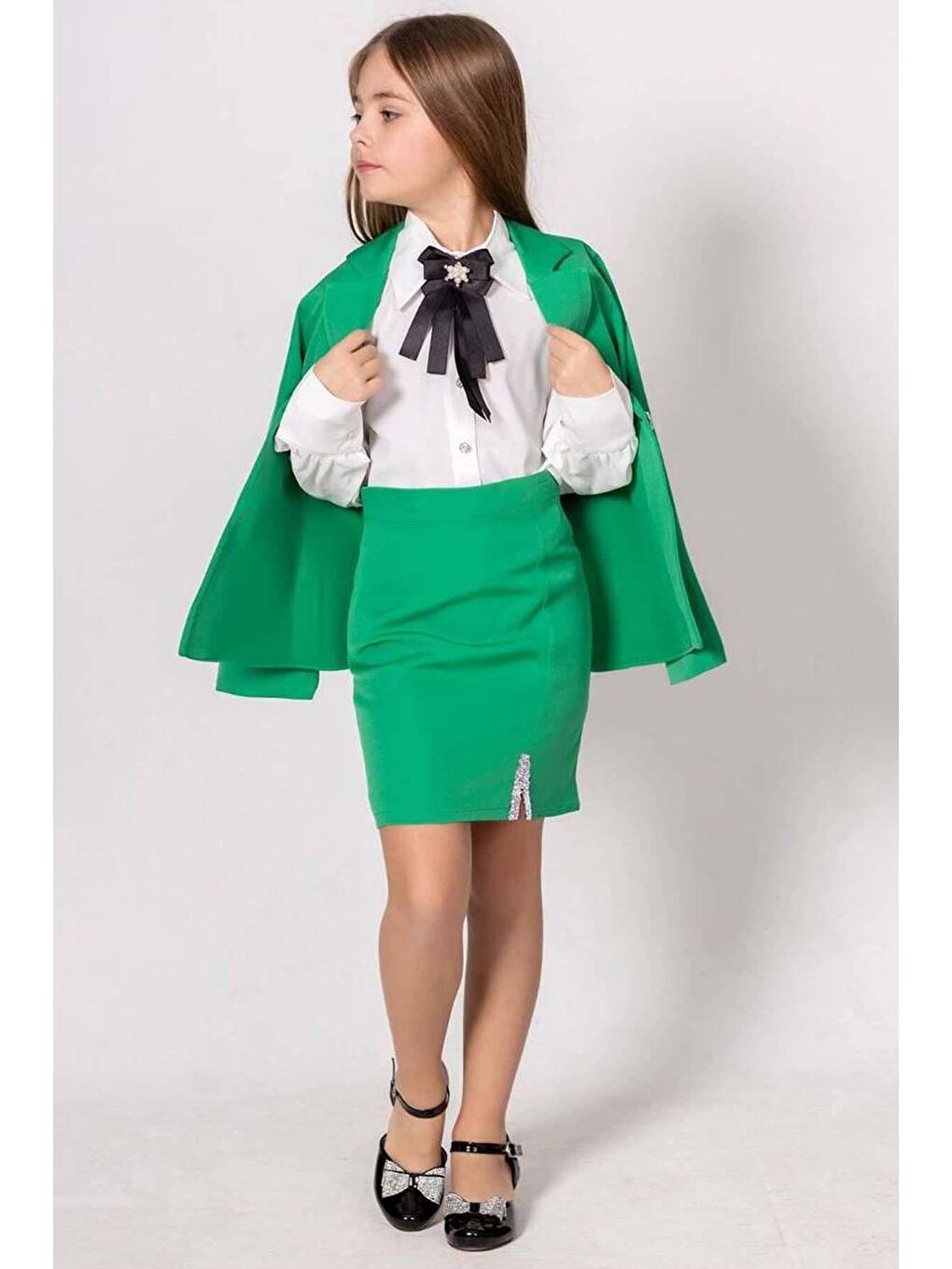 Kız Çocuk Kristal Taş Şerit Detaylı Blazer Ceket Yırtmaç Detaylı Yeşil Etekli Takım-3