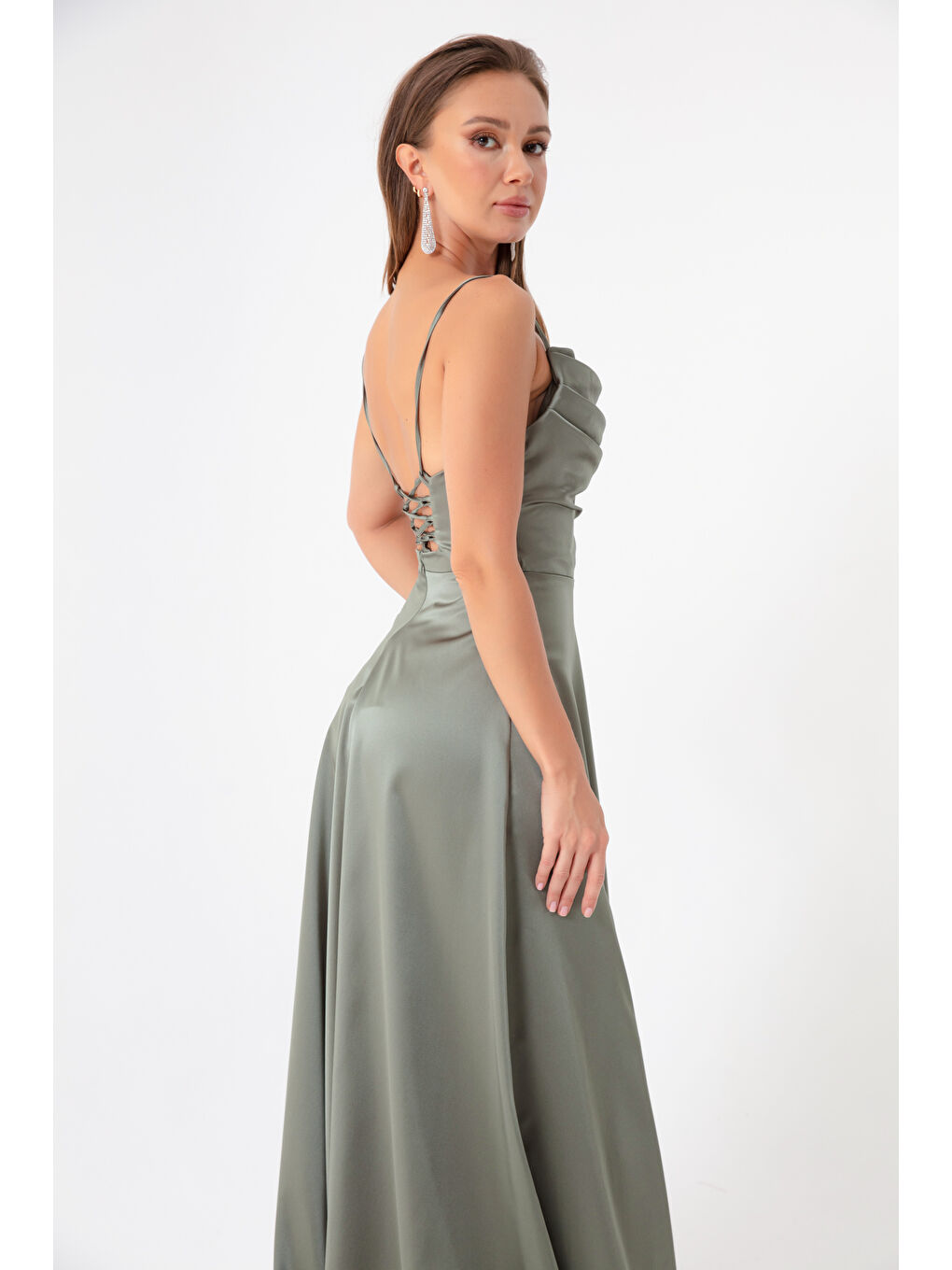 Kadın Haki Volanlı Yırtmaçlı Saten Abiye & Mezuniyet Elbisesi-2