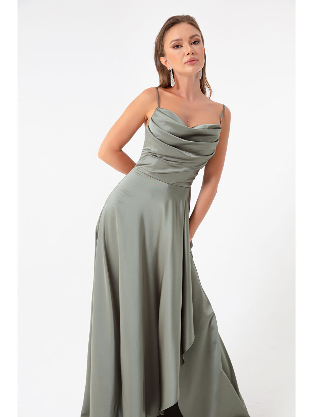 Kadın Haki Volanlı Yırtmaçlı Saten Abiye & Mezuniyet Elbisesi-3