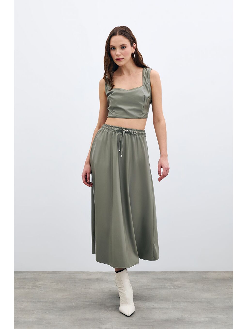 Bel Lastikli Deri Etek - Çağla Yeşili