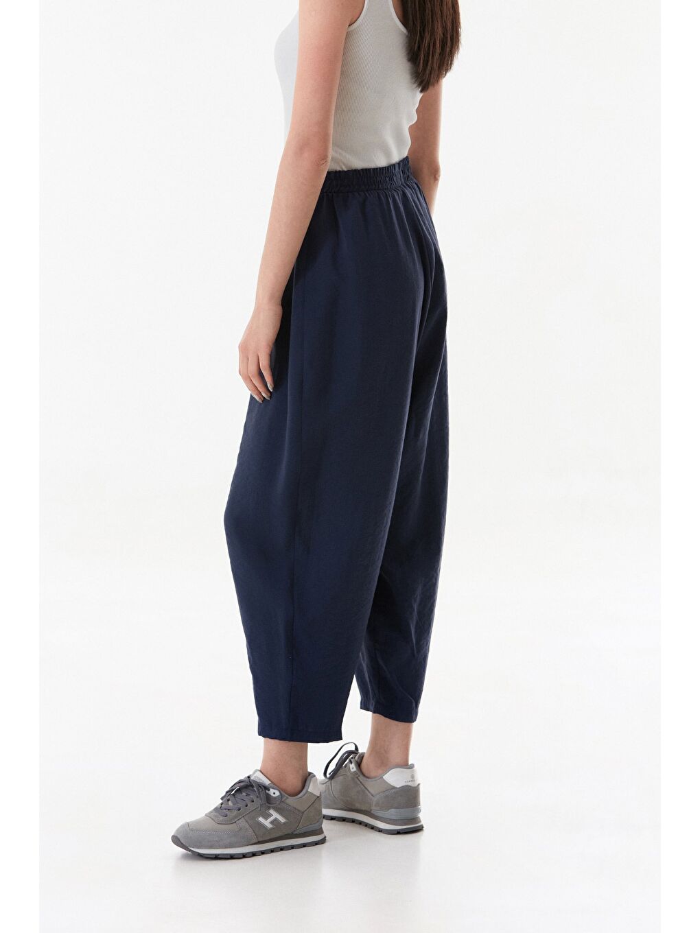 Lacivert Beli Lastikli Çimalı Ayrobin Kumaş Şalvar Pantolon-3