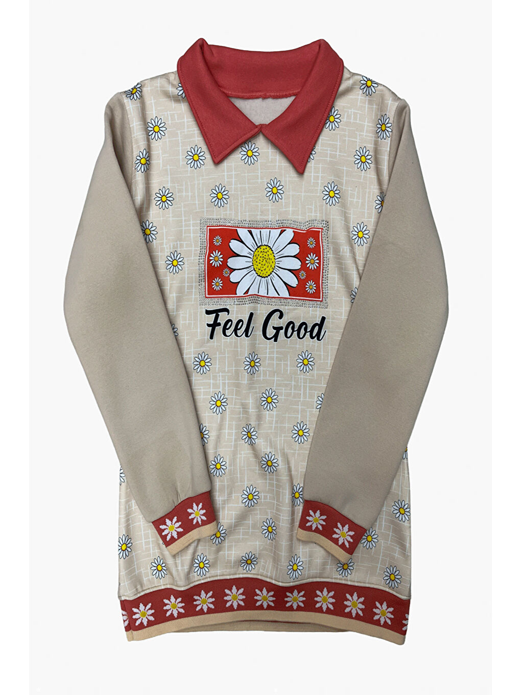 Kahverengi Kız Çocuk Papatya Baskılı Taş Süslemeli 3 İplik Alt Üst Takım 12324-1