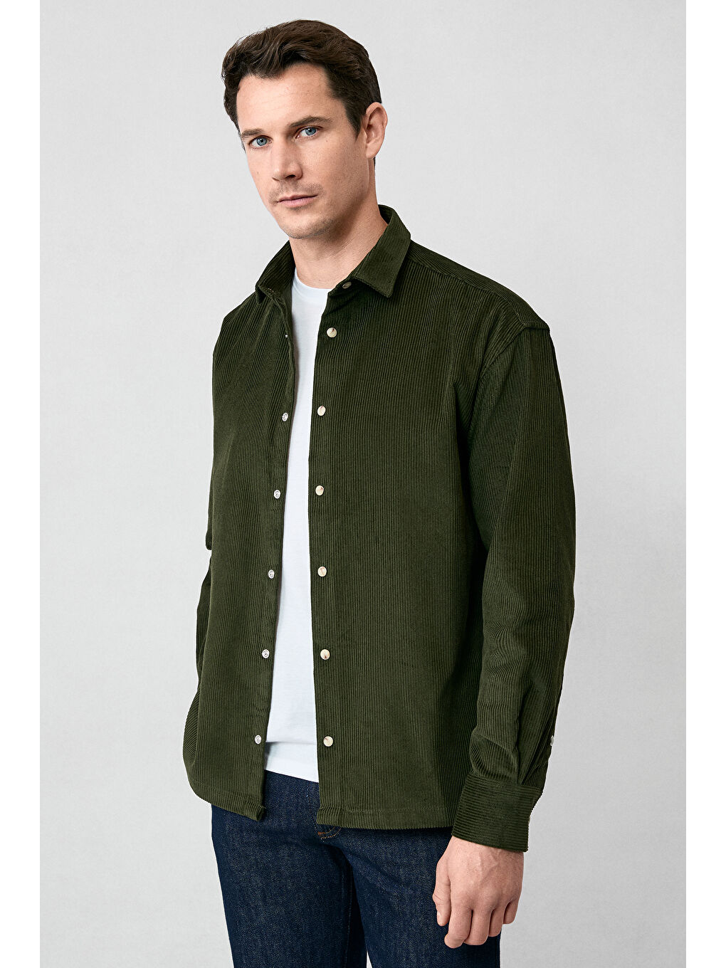 Haki Uzun Kol Oversize Ekstra Rahat Kesim Pamuk Spor Kadife Gömlek-2