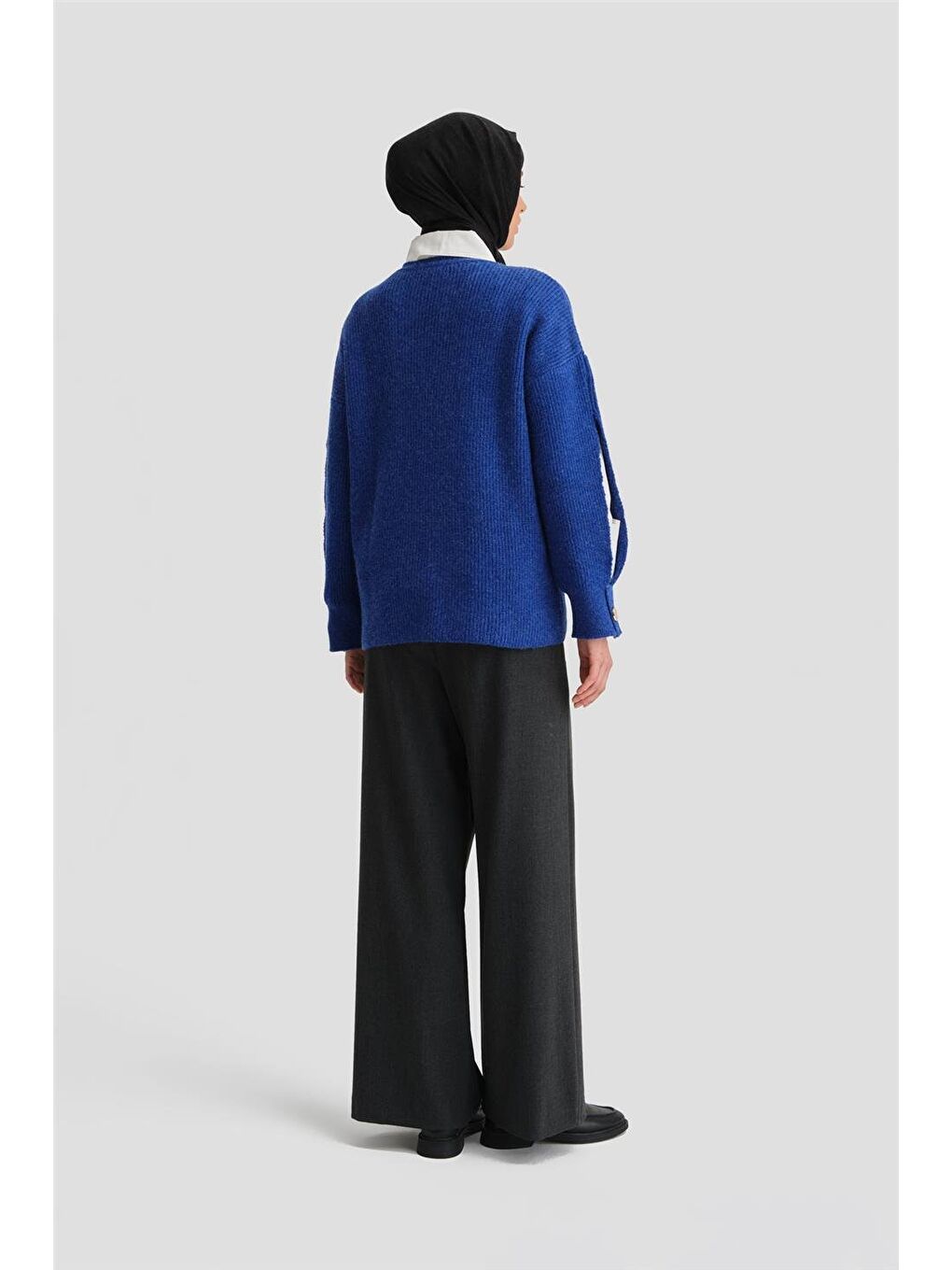 Yeşil Kolu Yırtmaç Detaylı Kazak 24Kd4201 Kobalt-5