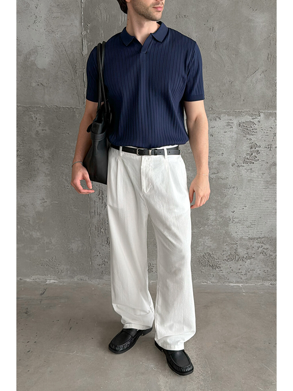 Lacivert Erkek Oversize Fitilli Polo Yaka İnce Triko Tişört-7