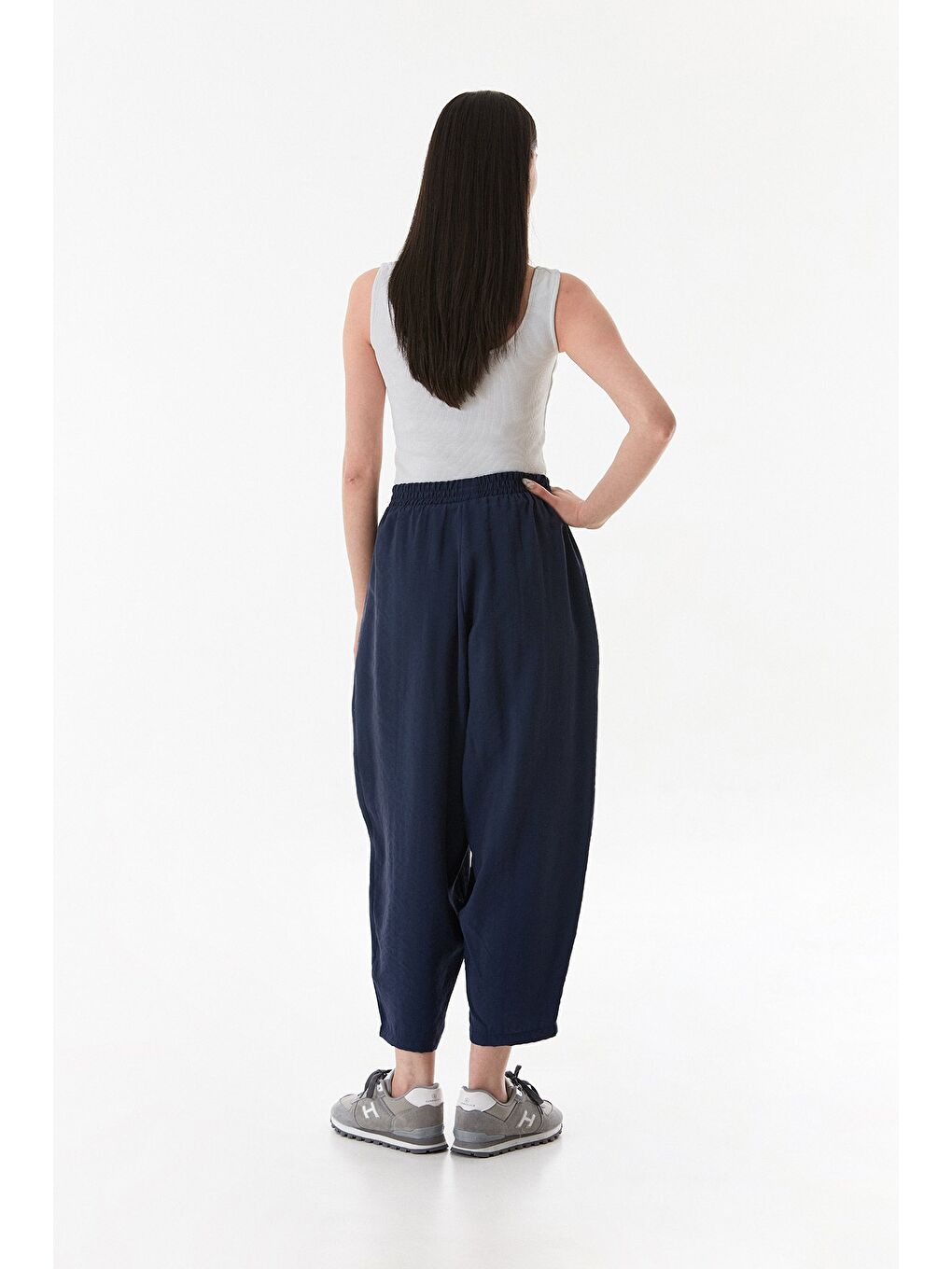 Lacivert Beli Lastikli Çimalı Ayrobin Kumaş Şalvar Pantolon-4