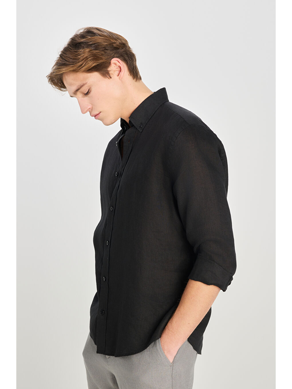 %100 Keten Regular Fit Normal Kesim Siyah Gömlek-1
