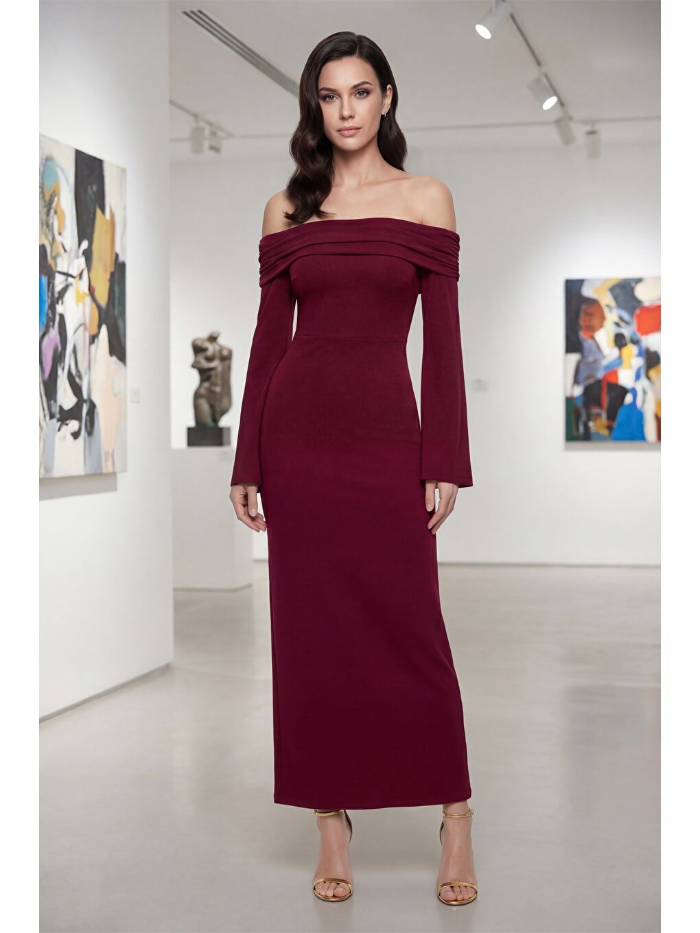 Kadın Bordo Carmen Yaka Gece Abiye Elbise-2