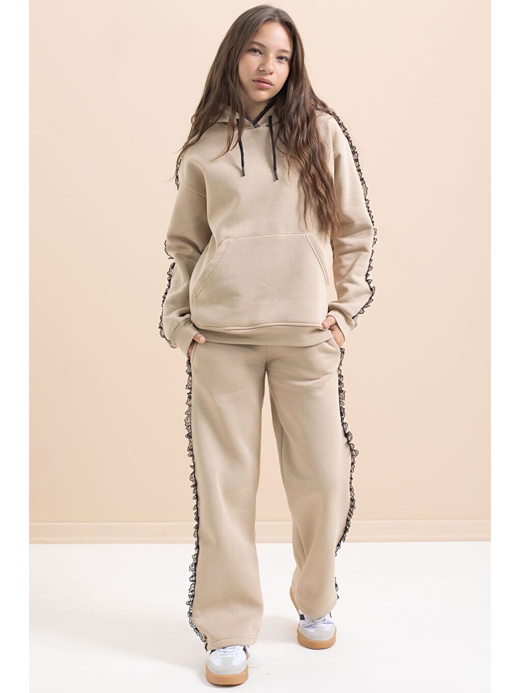 Bej Kız Çocuk Şardonlu Dantel Detaylı 3 İplik Takım 21506